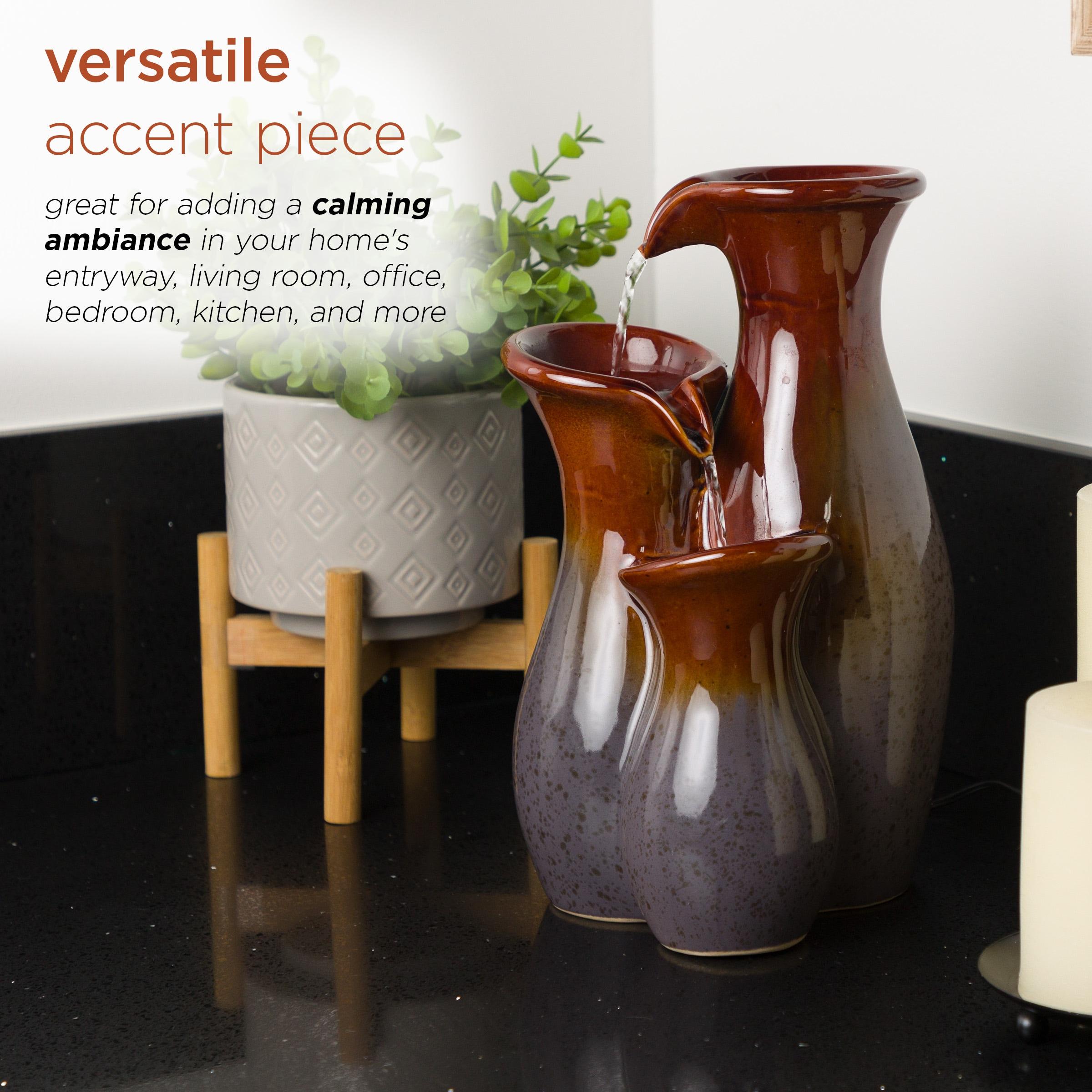 Alpine Corporation 11"H Indoor Tiered Glossy Ceramic Vase Tabletop Fountain, Brown/Gray