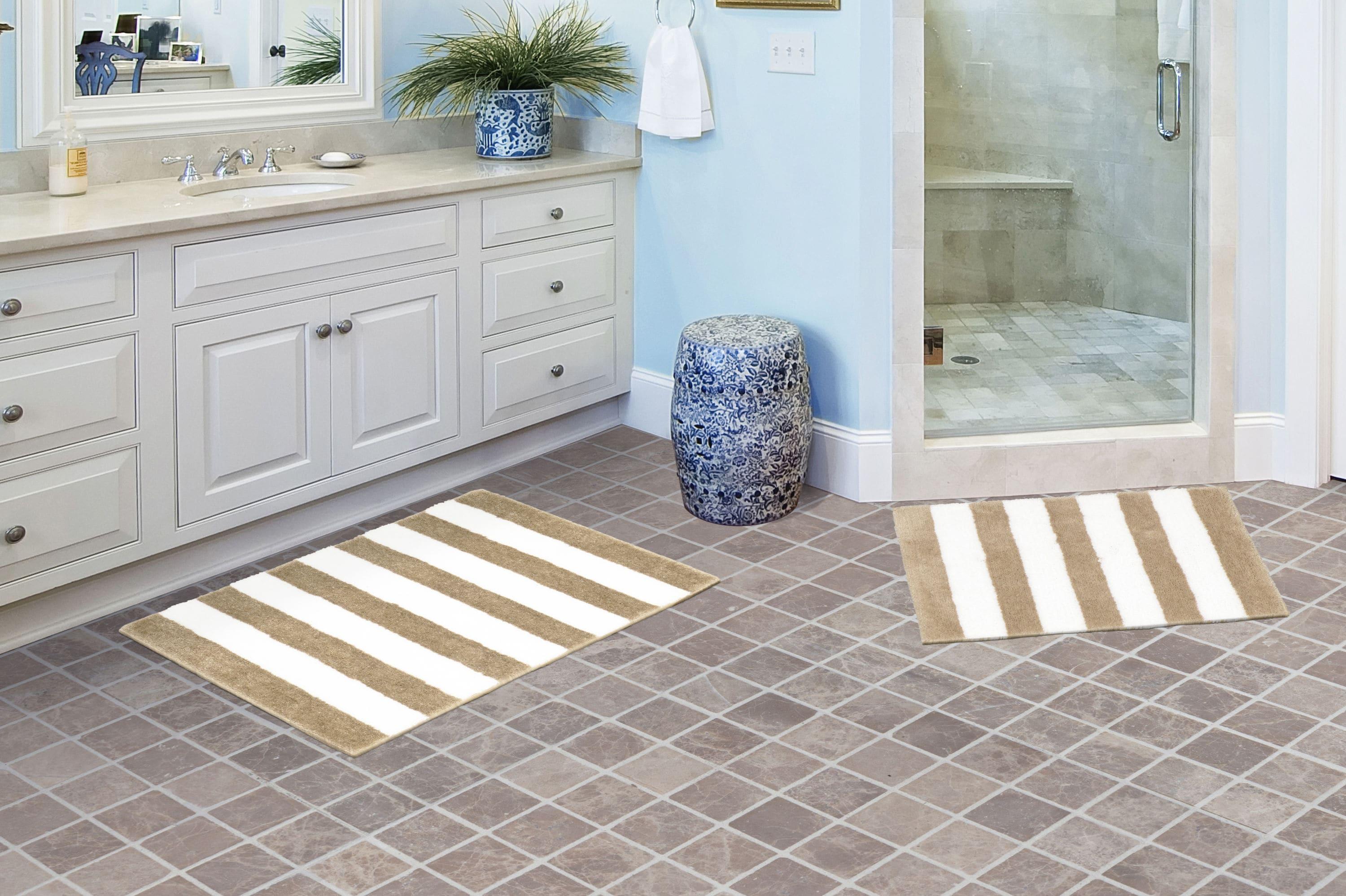 Garland Rug Beach Stripe Washable Bath Rug Set, 2 Piece Set (17"x24" Bath Rug, & 21"x34" Bath Rug) Tan/White