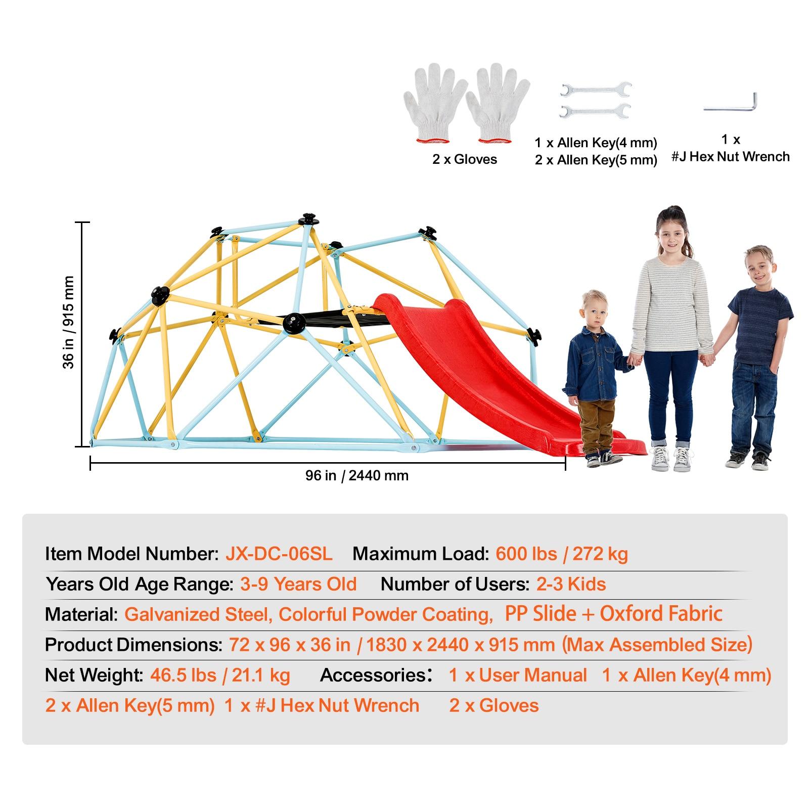 8FT Geometric Dome Climber with Red Slide and Steel Frame