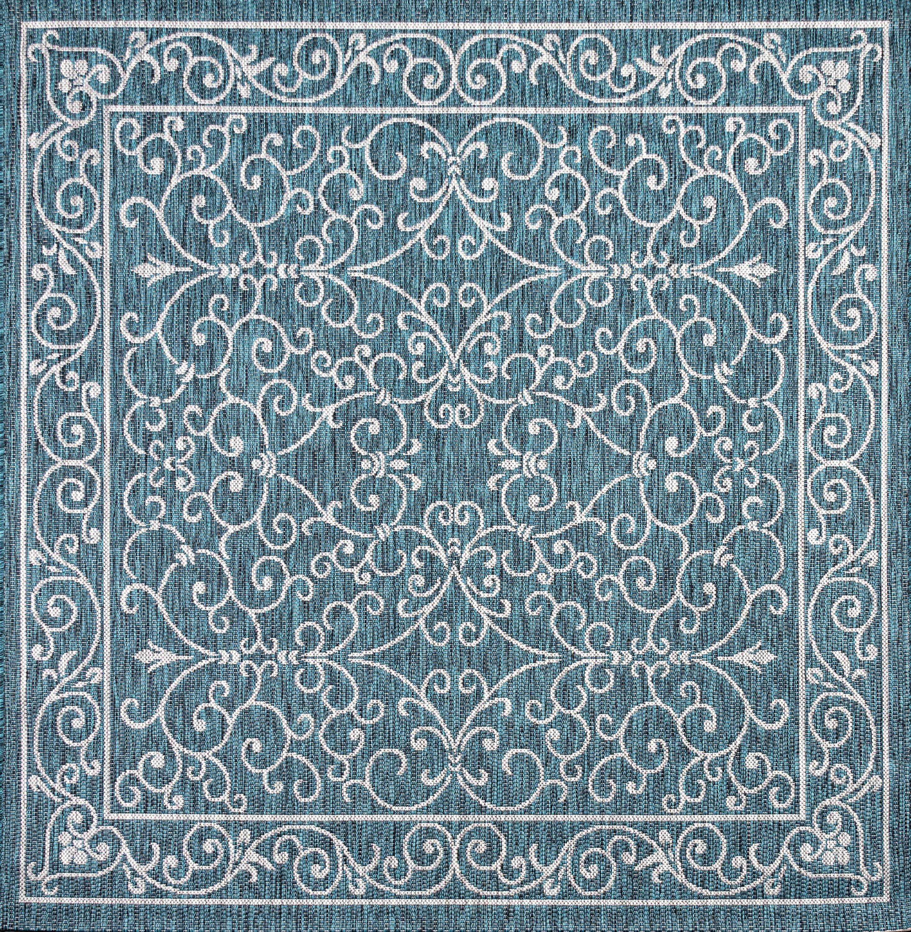 5' Square Charleston Vintage Filigree Textured Weave Indoor/Outdoor Area Rug, Teal/Gray - JONATHAN Y