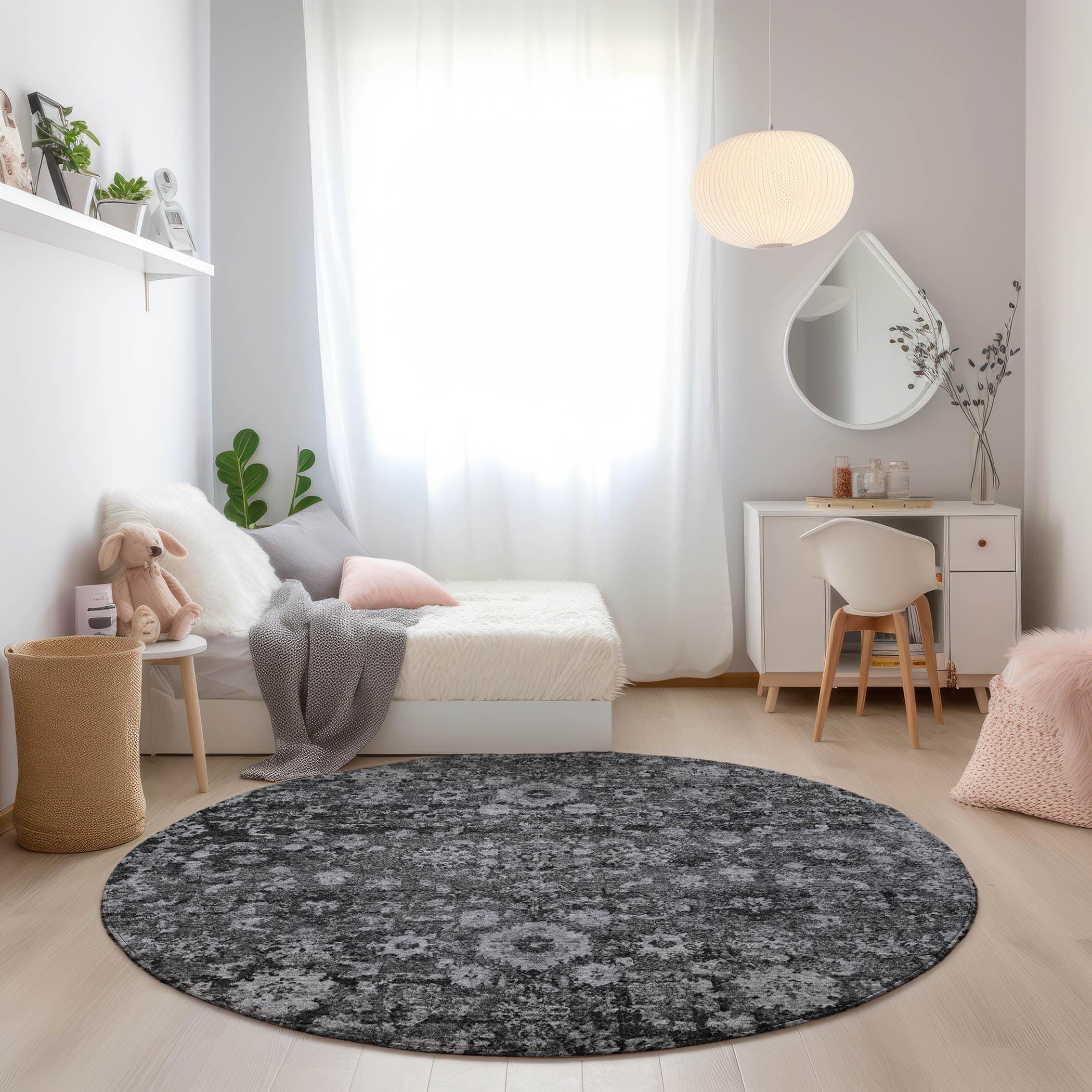 Gray Round Machine-Washable Vintage Floral Rug 8'