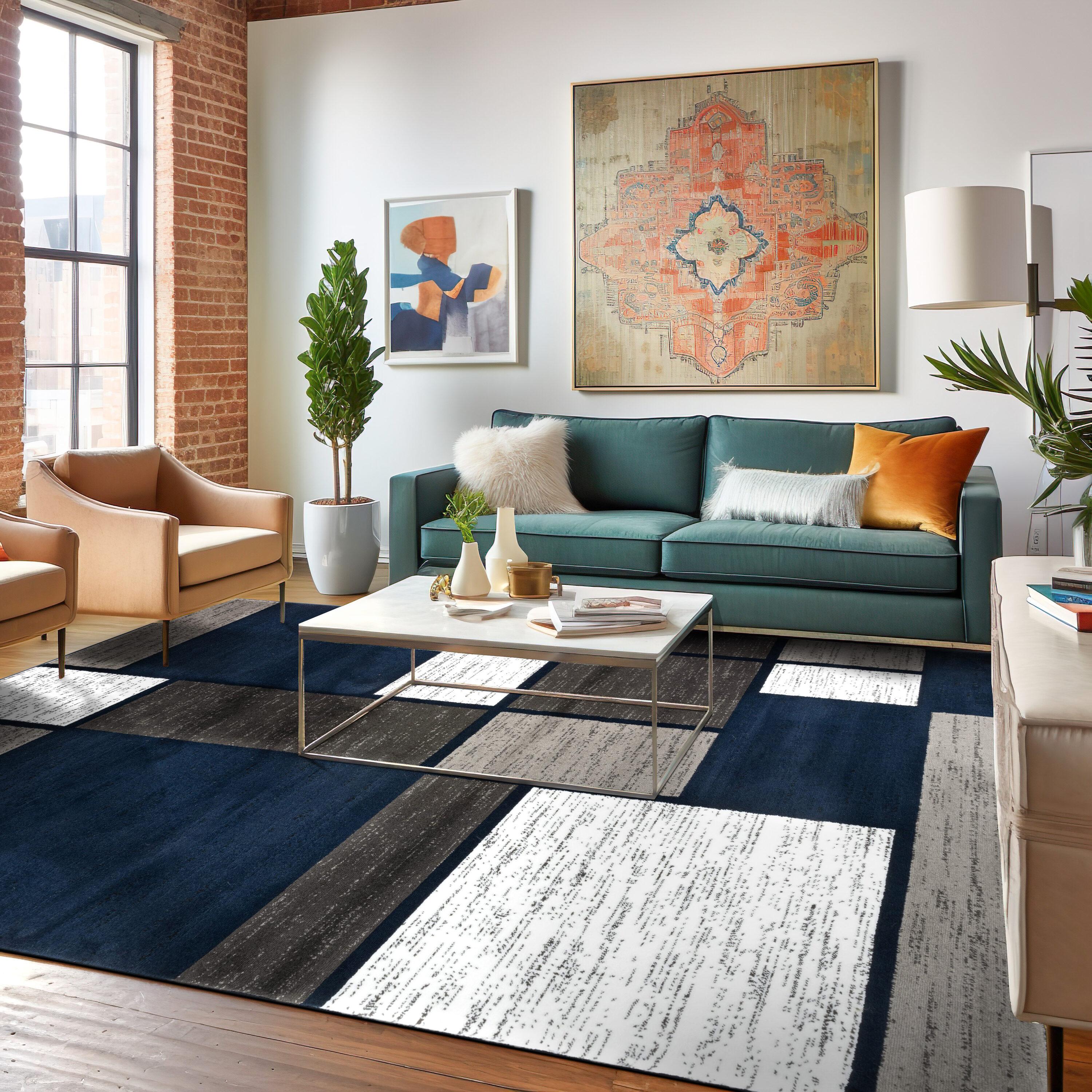 World Rug Gallery Contemporary Modern Boxed Color Block Navy 3'3"x5' Area Rug