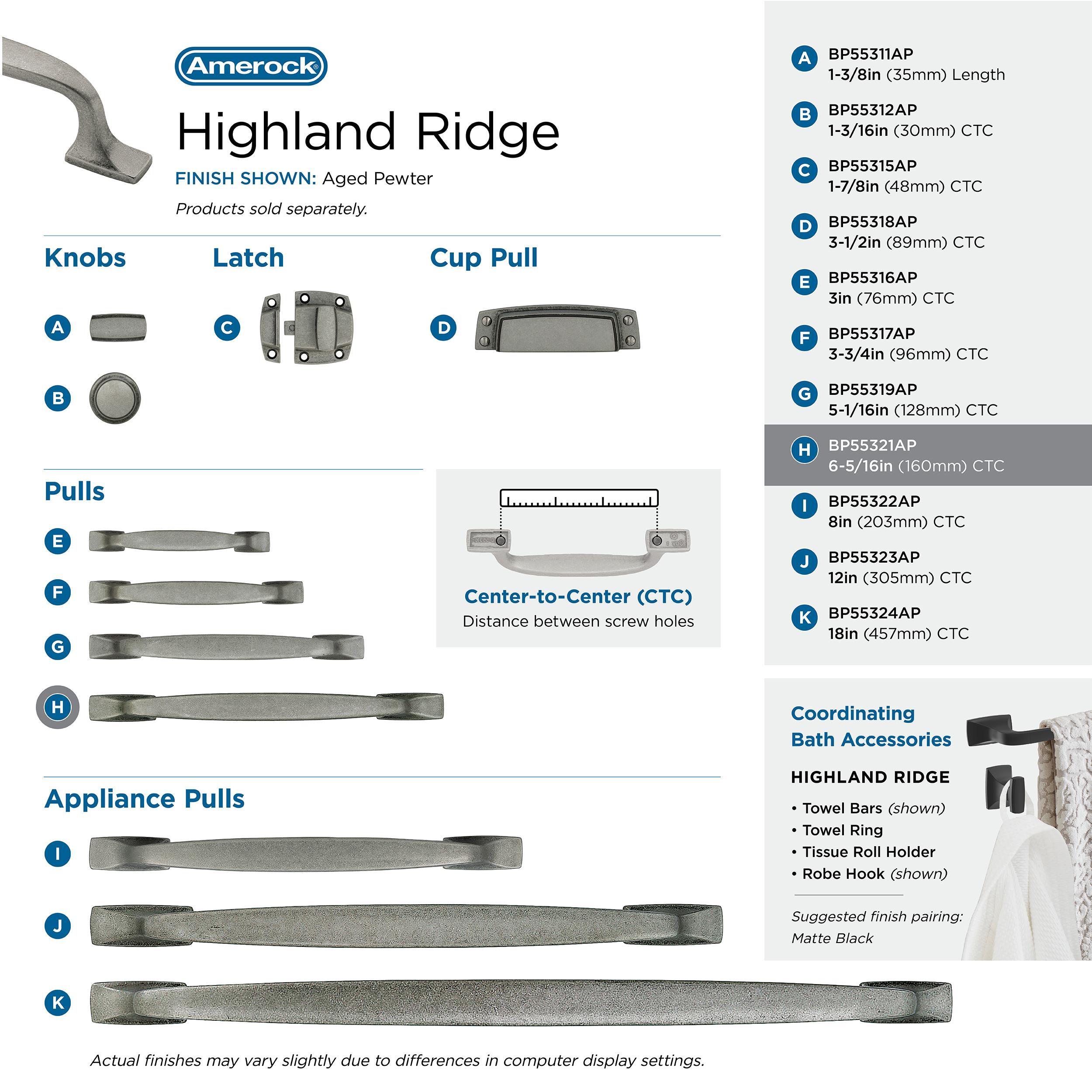 Amerock Highland Ridge 6-5/16 inch (160mm) Center-to-Center Aged Pewter Cabinet Pull