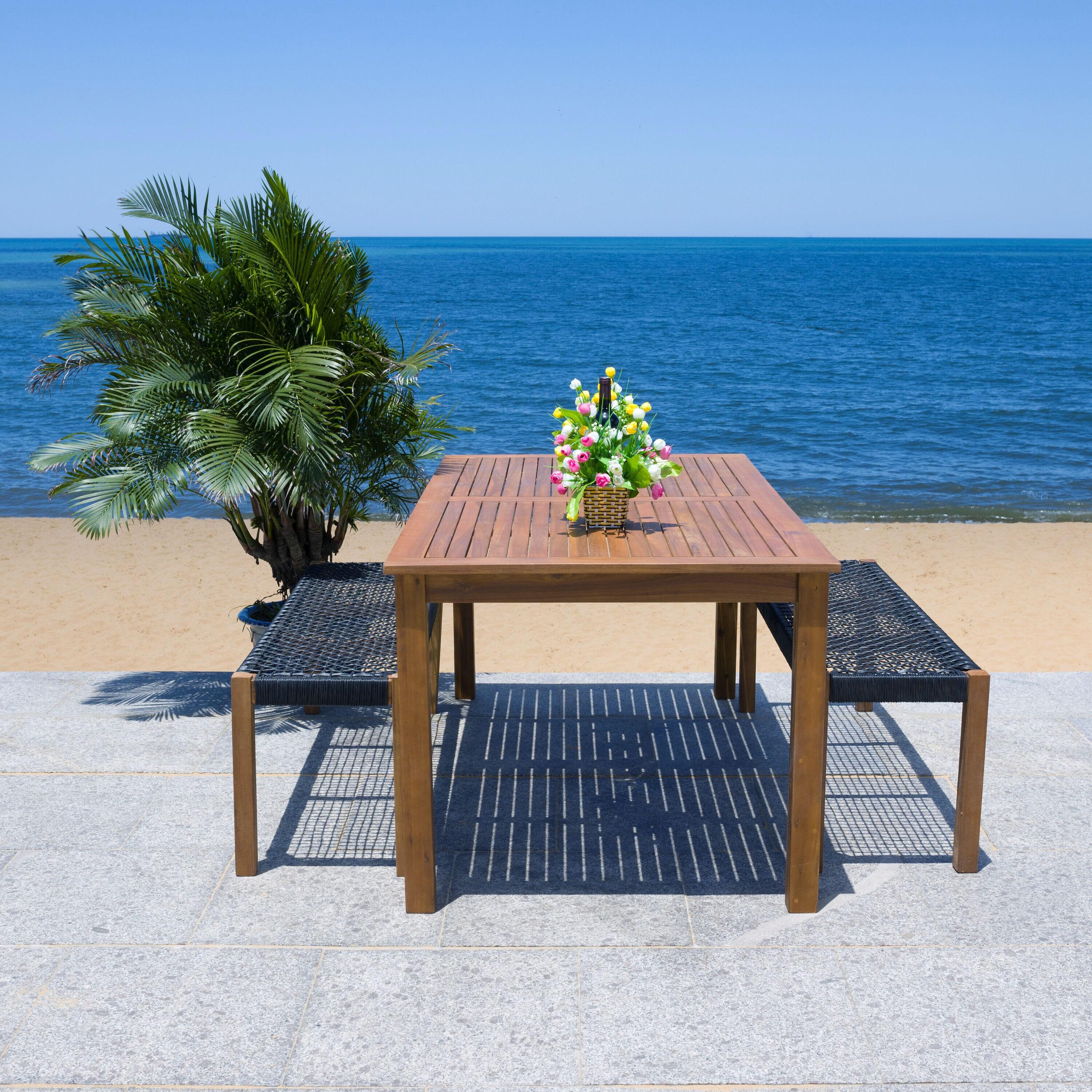 Aquina Patio Outdoor Dining Bench Set - Natural/Black  - Safavieh.