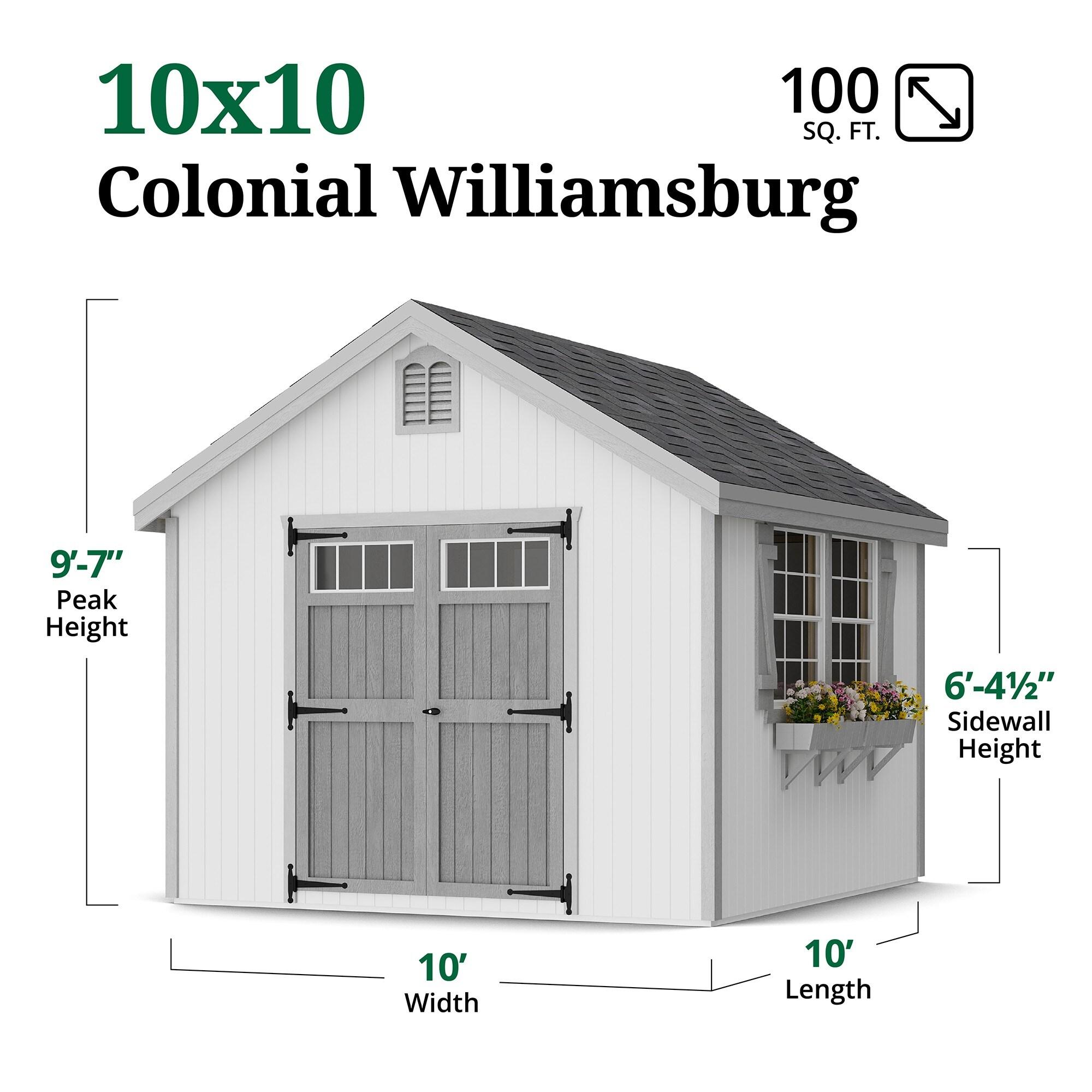 Little Cottage Co. 10x10 Colonial Williamsburg Shed with Operable Windows and Floor, Outdoor Wood Storage Do-It-Yourself Precut Kit