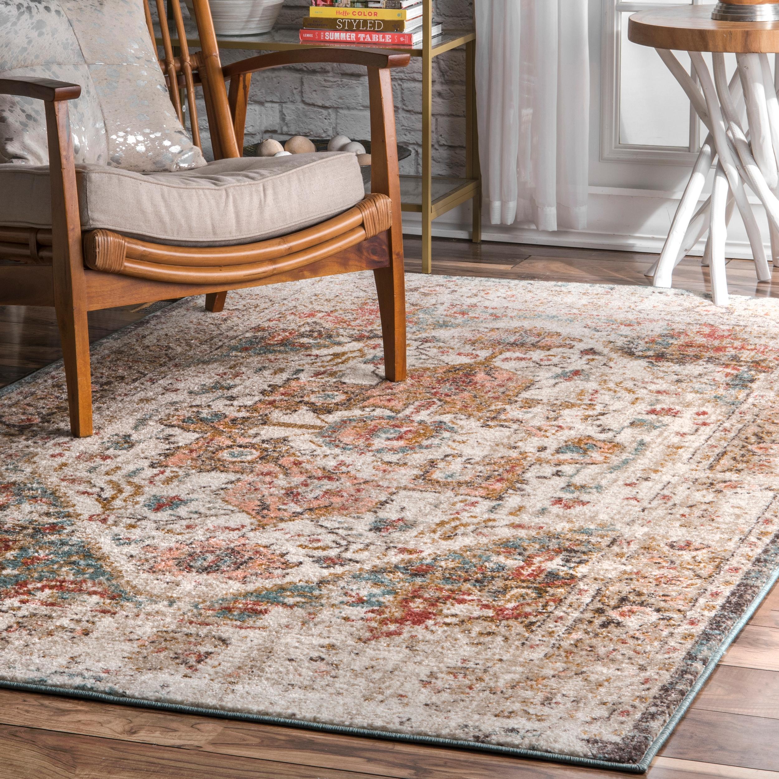 Nuloom 6 Square Justine Vintage Medallion Indoor Area Rug, Beige, Faded Persian Design, Stain Resistant, BedroomLiving Room, Kitchen,