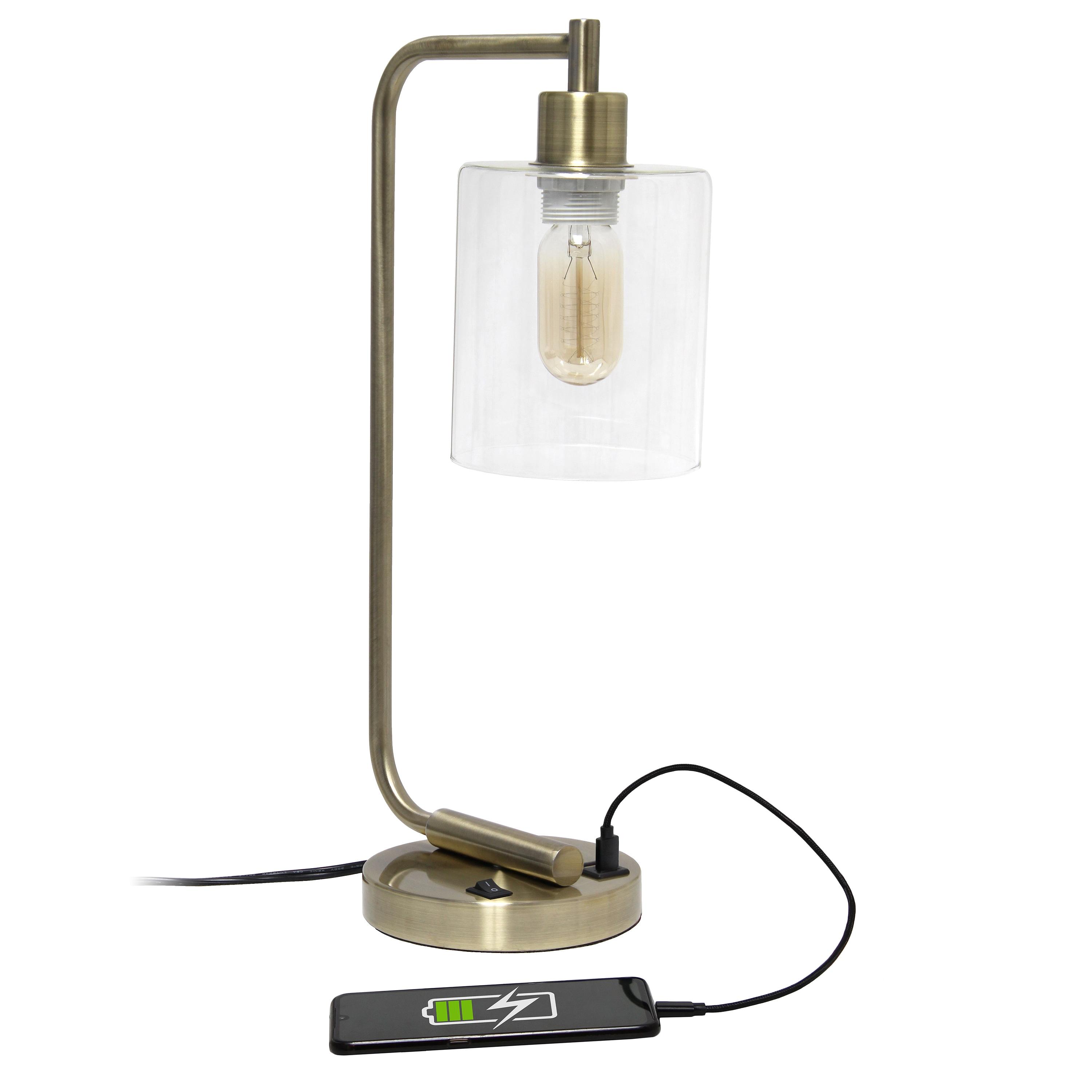Modern Iron Desk Lamp with USB Port and Glass Shade Antique Brass Finish - Lalia Home: ETL Listed, No Assembly, Edison Bulb Compatible