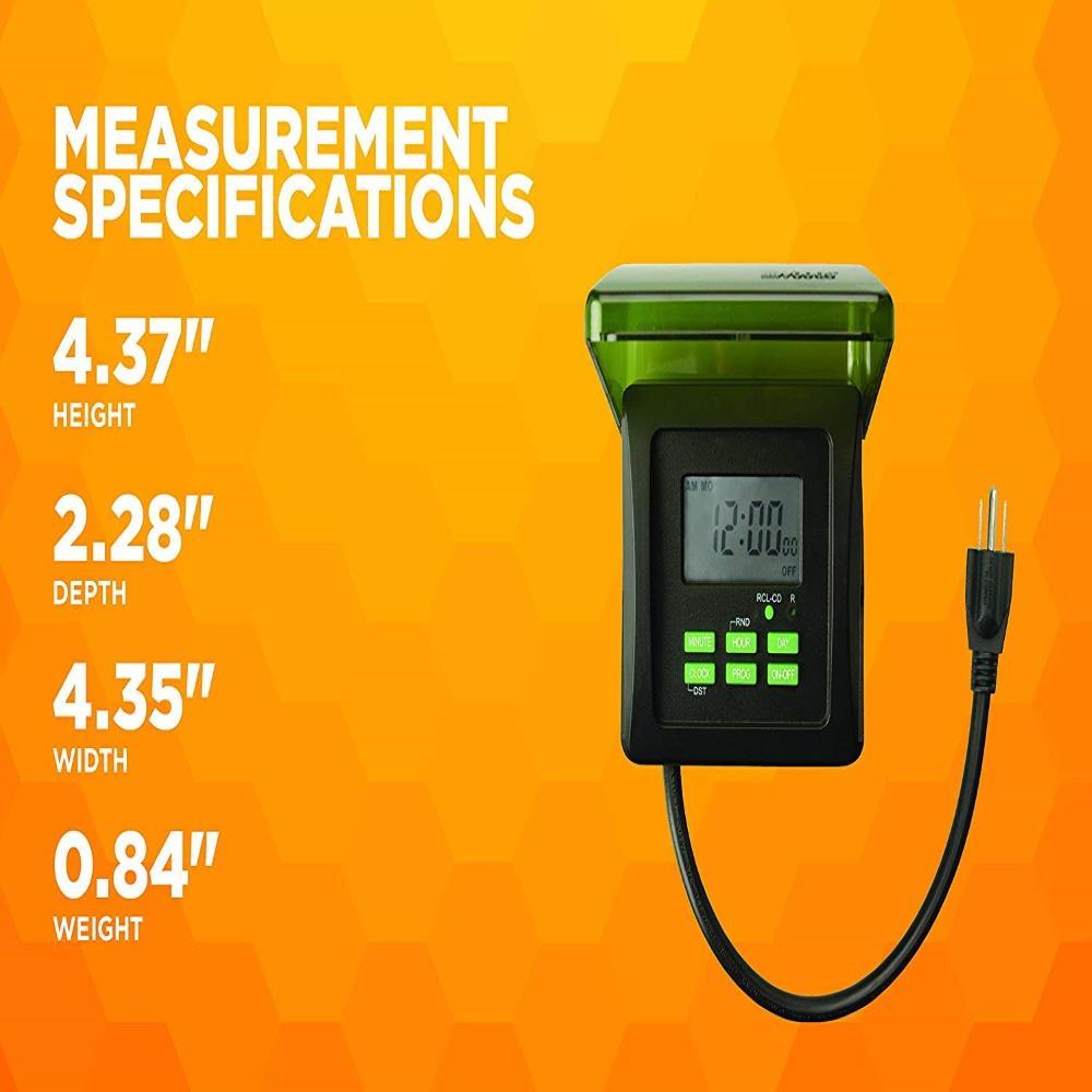 Woods 50015WD Outdoor 7-Day Heavy Duty Digital Plug-in Timer, 2 Grounded Outlets, Weatherproof, Perfect for Automating Holiday/Christmas Lights, Energy Saving Precision Programming, Black & Green