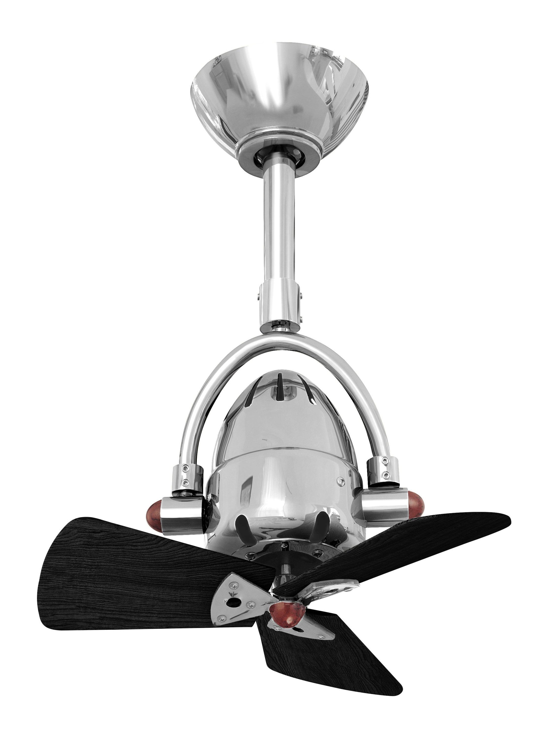 Diane oscillating ceiling fan in Polished Chrome finish with solid matte black wood blades.