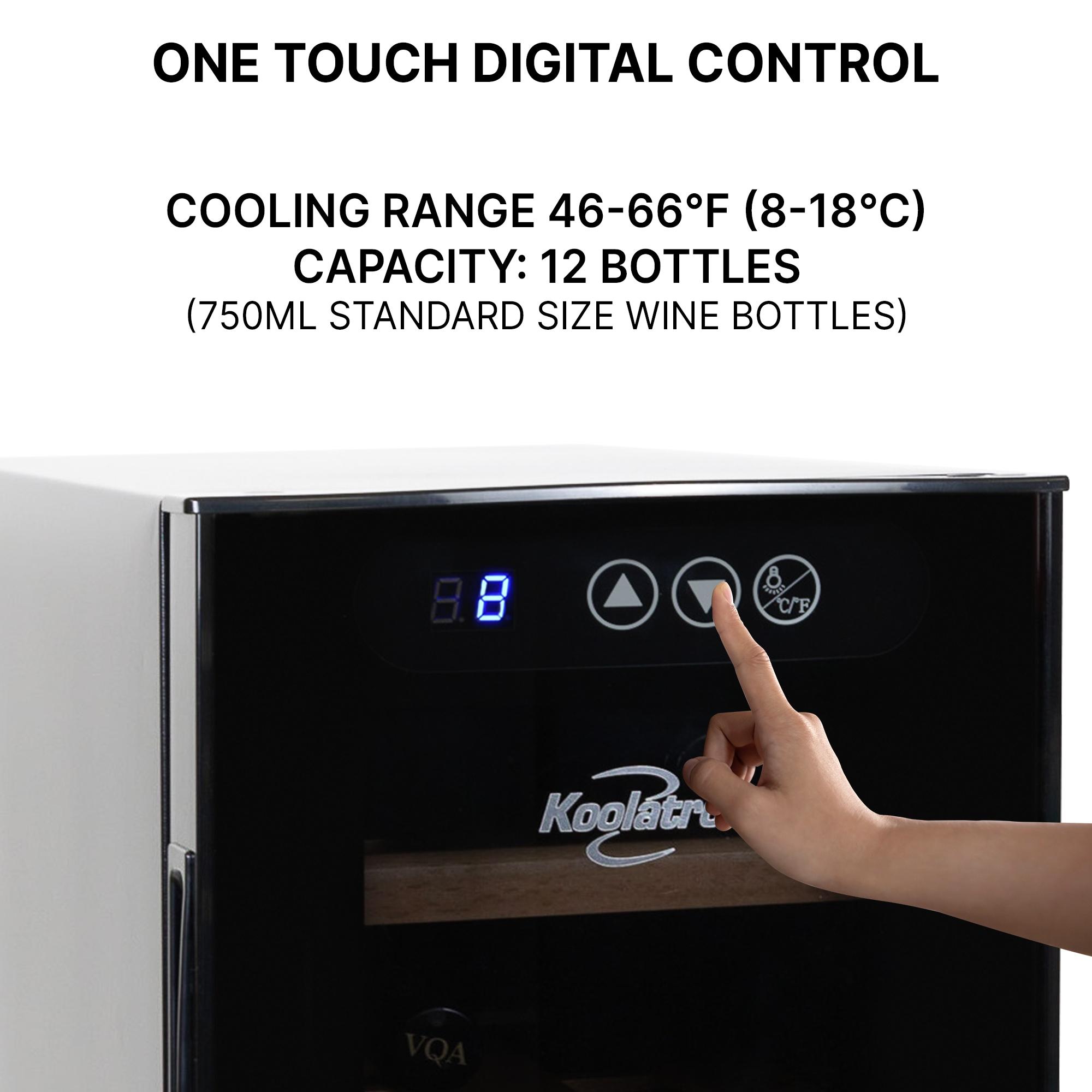 Koolatron Wine Cooler Refrigerator 12 Bottle Deluxe Countertop Compact Wine Cellar, Small Freestanding: Black Glass Door, Thermoelectric, 6 Shelves
