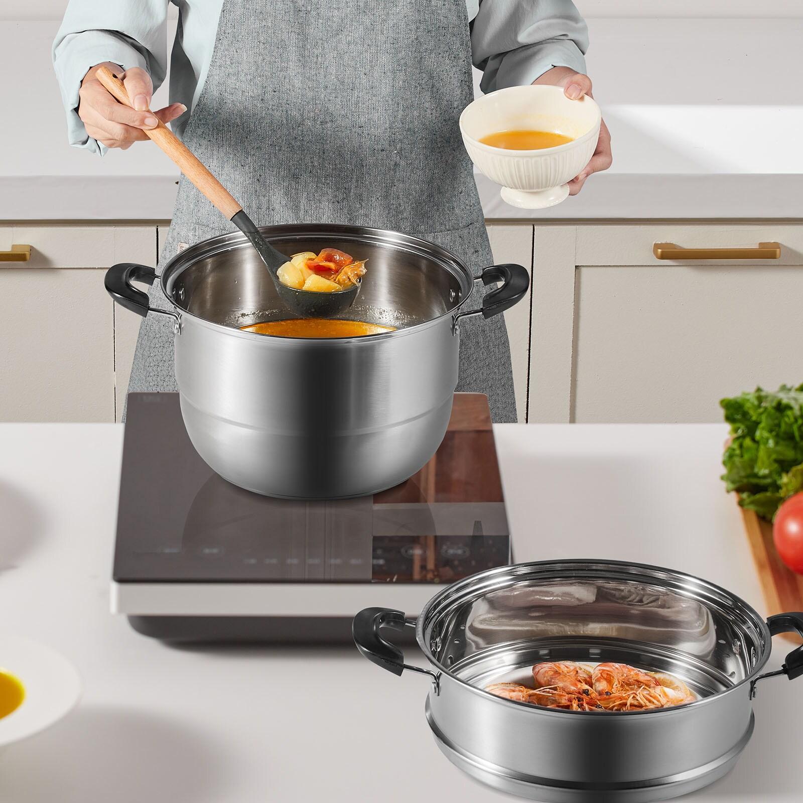 Stellweilan Tessberg Steamer Pot 11in/28cm, 3 Tier Steamer Pot for Cooking with 8.5QT Stock Pot, Vegetable Steamer & 2 Steaming Tray, Food-Grade 304 Stainless Steel Food Steamer Cookware for Gas Electric Stove Grill