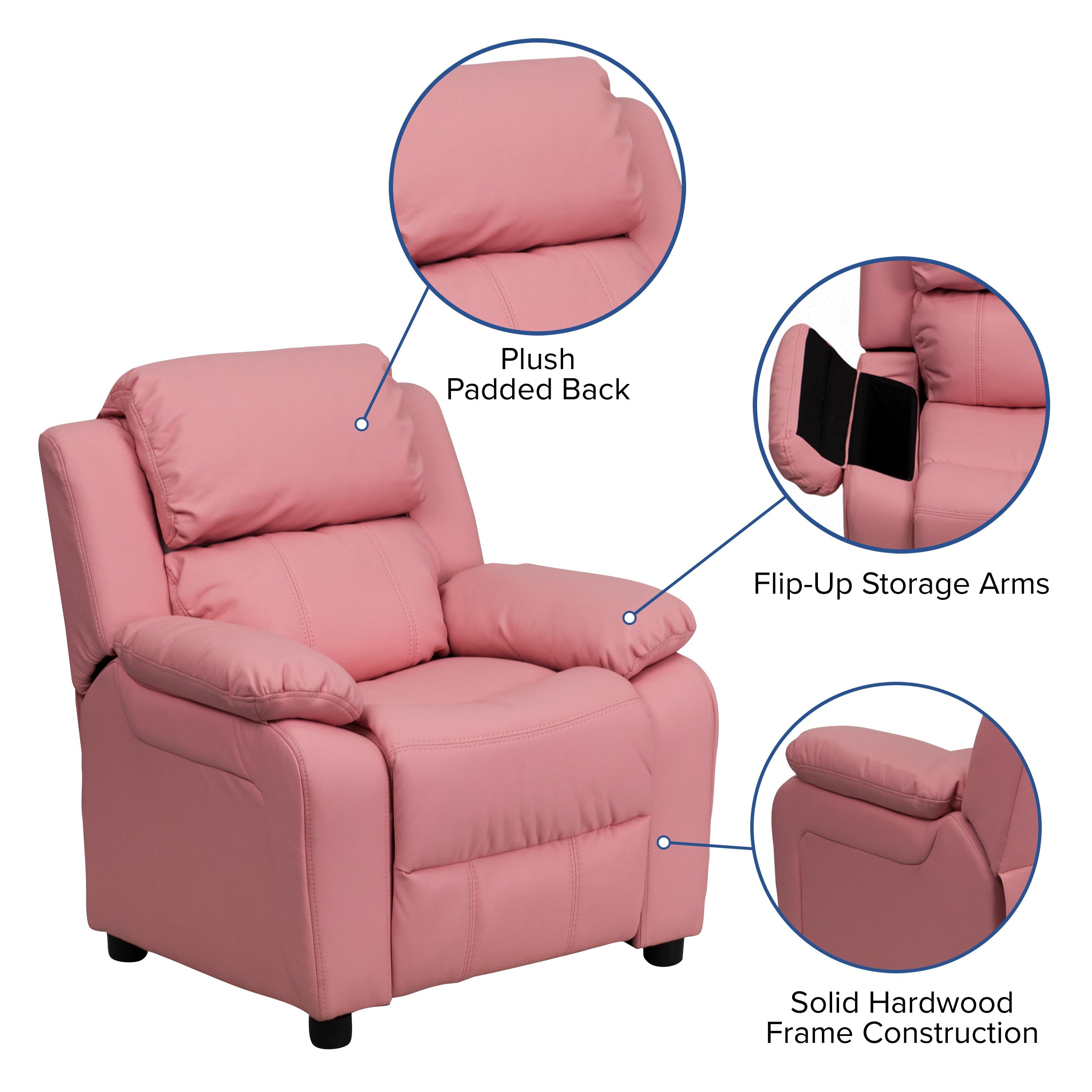 Flash Furniture Charlie Deluxe Padded Contemporary Pink Vinyl Kids Recliner with Storage Arms