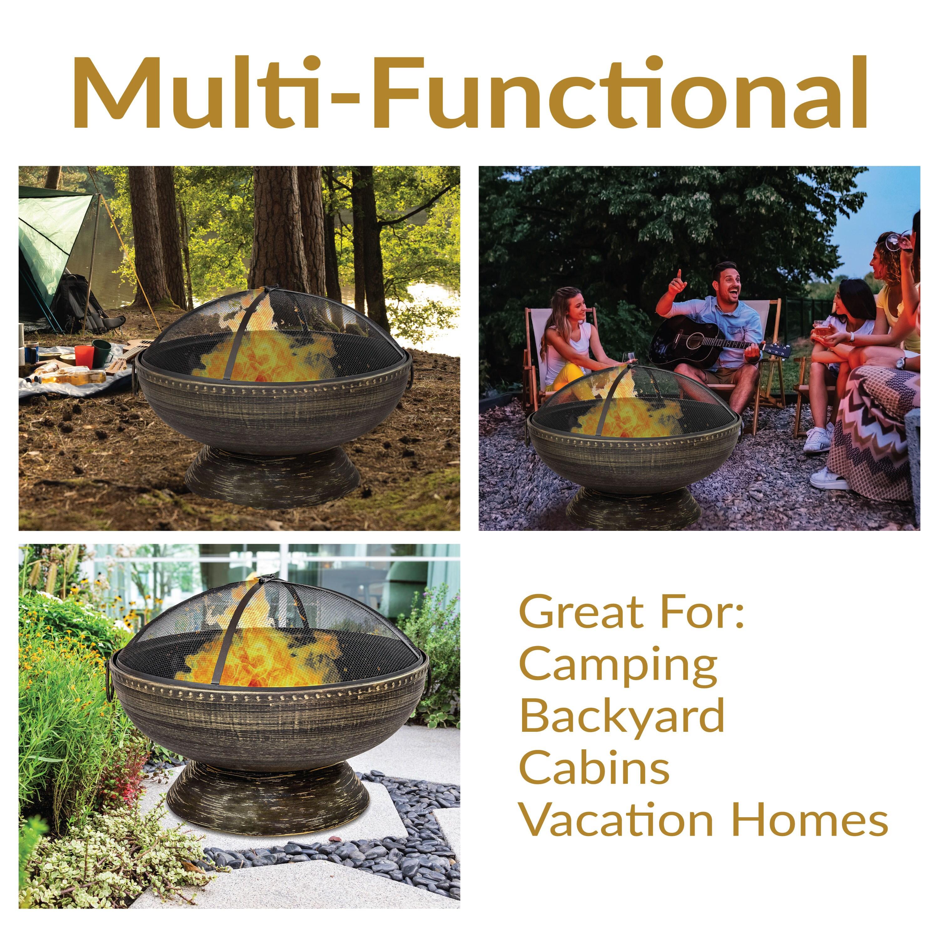 SunnyDaze Decor 30" Wood-Burning Black Finish Steel Fire Pit Bowl with Screen, Grate, and Poker