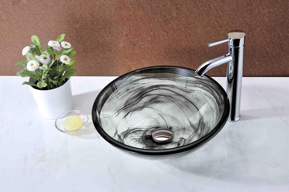 ANZZI Verabue 16.5'' Clear/Gray Tempered Glass Circular Bathroom Sink