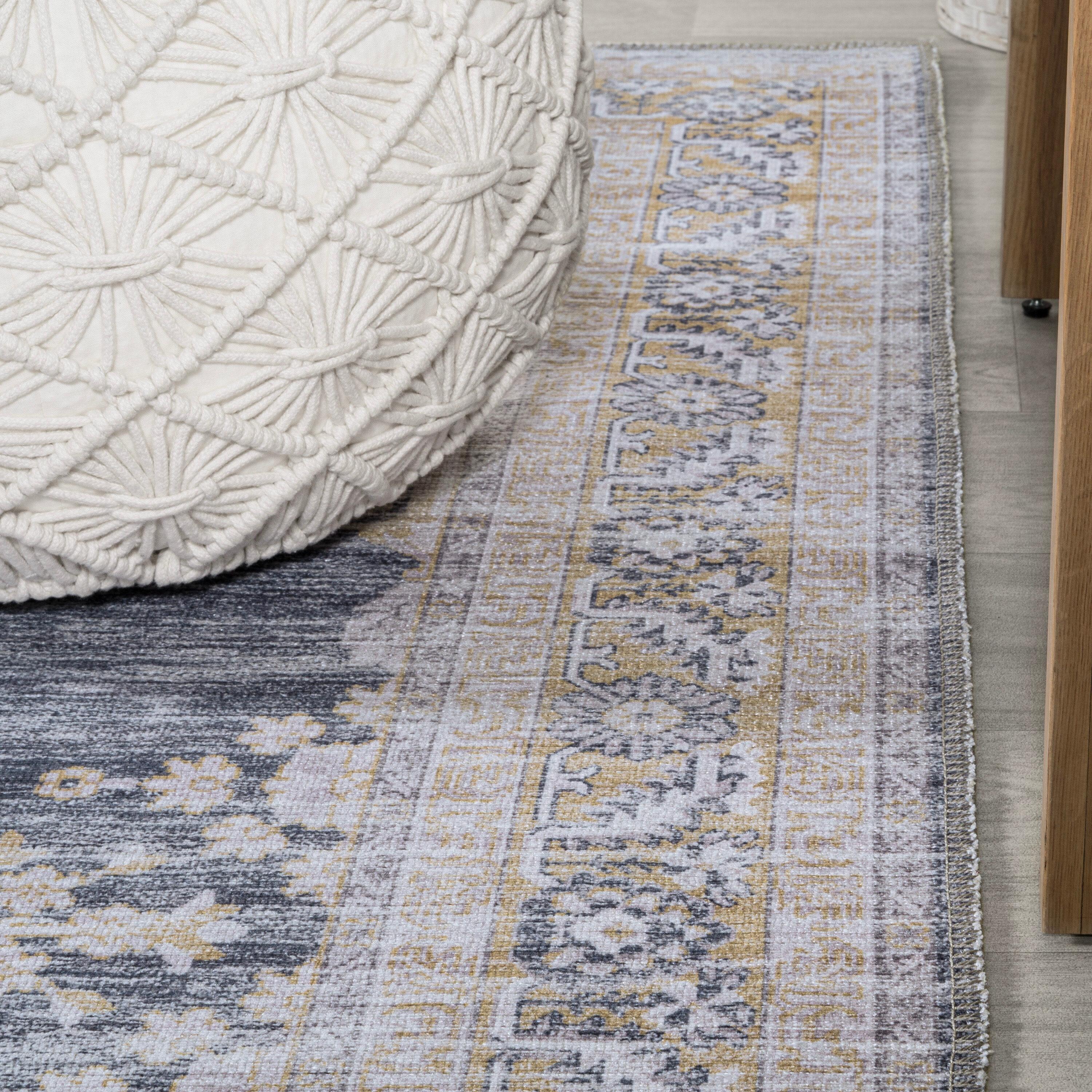 Wincer Chenille Cottage Medallion Machine-Washable Dark Gray/Yellow 3 ft. x 5 ft. Area Rug - JONATHAN Y