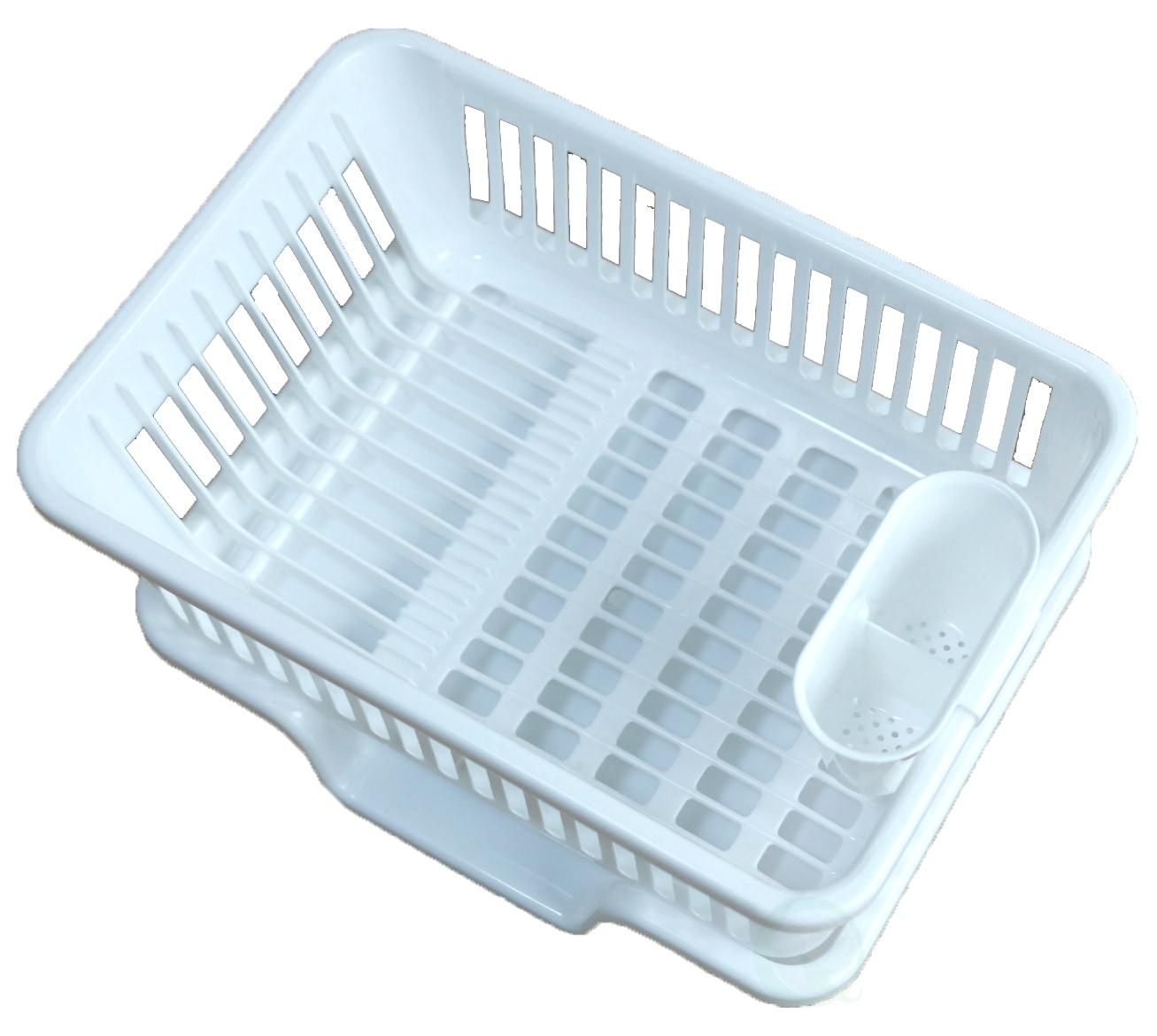 Basicwise Heavy Duty 2-Piece Plastic Dish Drying Rack Set in White - Includes Large Dish Drainer, Attached Drainboard, and Utensil Cup Holders for Home Kitchen Countertop Organization