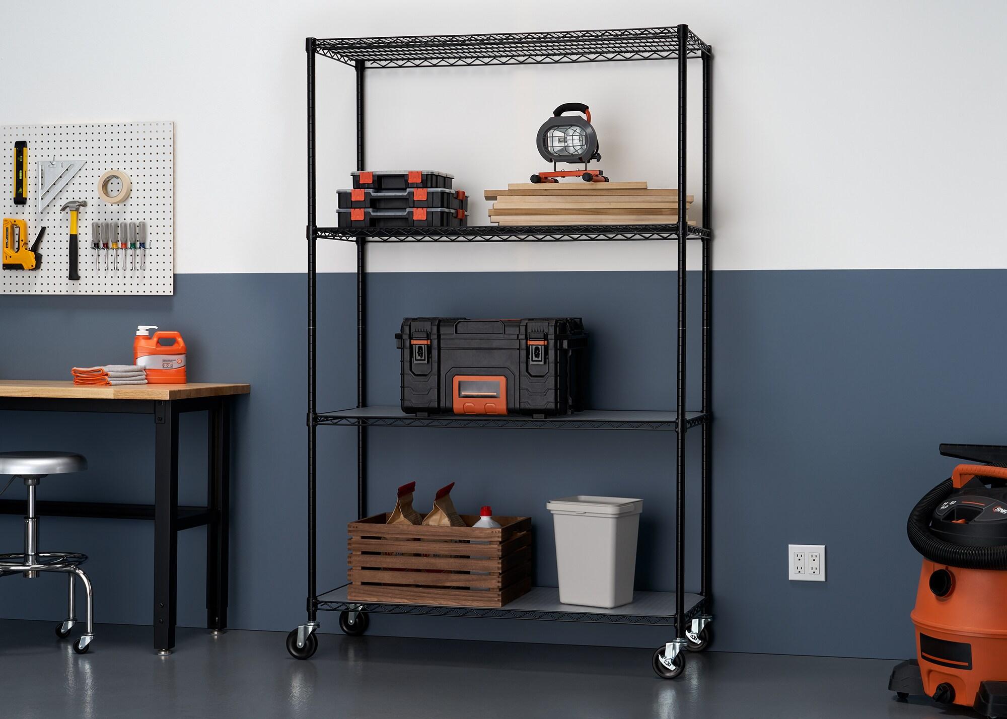 TRINITY Black 4-Tier NSF Rolling Steel Wire Shelving Unit w/ Liners & Wheels (48 in. W x 18 in. D)