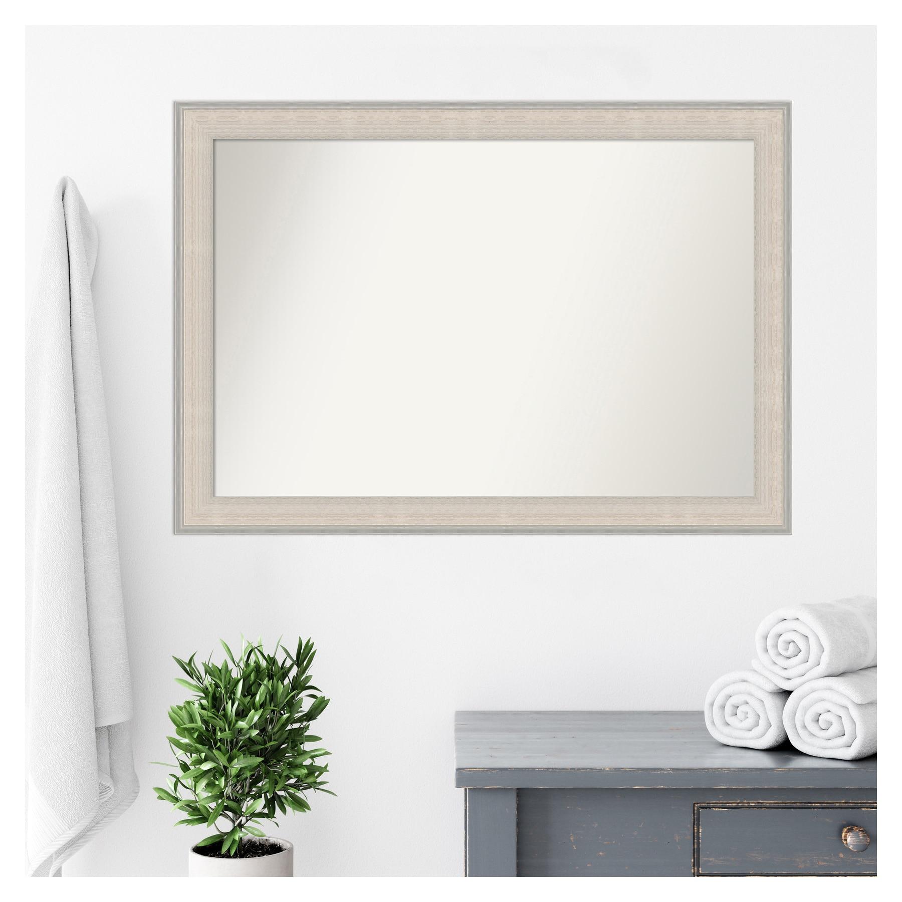 41"x29" Non-Beveled Cottage Wood Bathroom Wall Mirror White/Silver - Amanti Art: Modern Rectangle, Wall Mount, Wood Frame