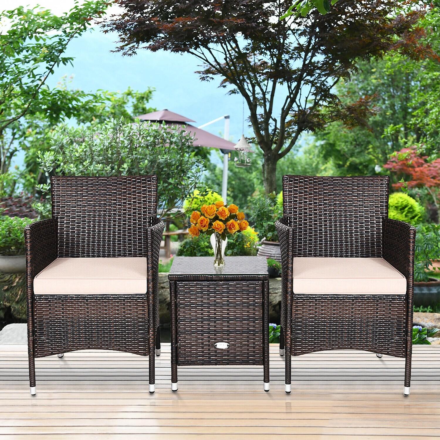Topcobe 3 Piece Patio Conversation Set Outdoor Rattan Wicker Furniture Set with Coffee Table & Chairs Patio Bistro with Seat Cushions for Garden Balcony Backyard Poolside