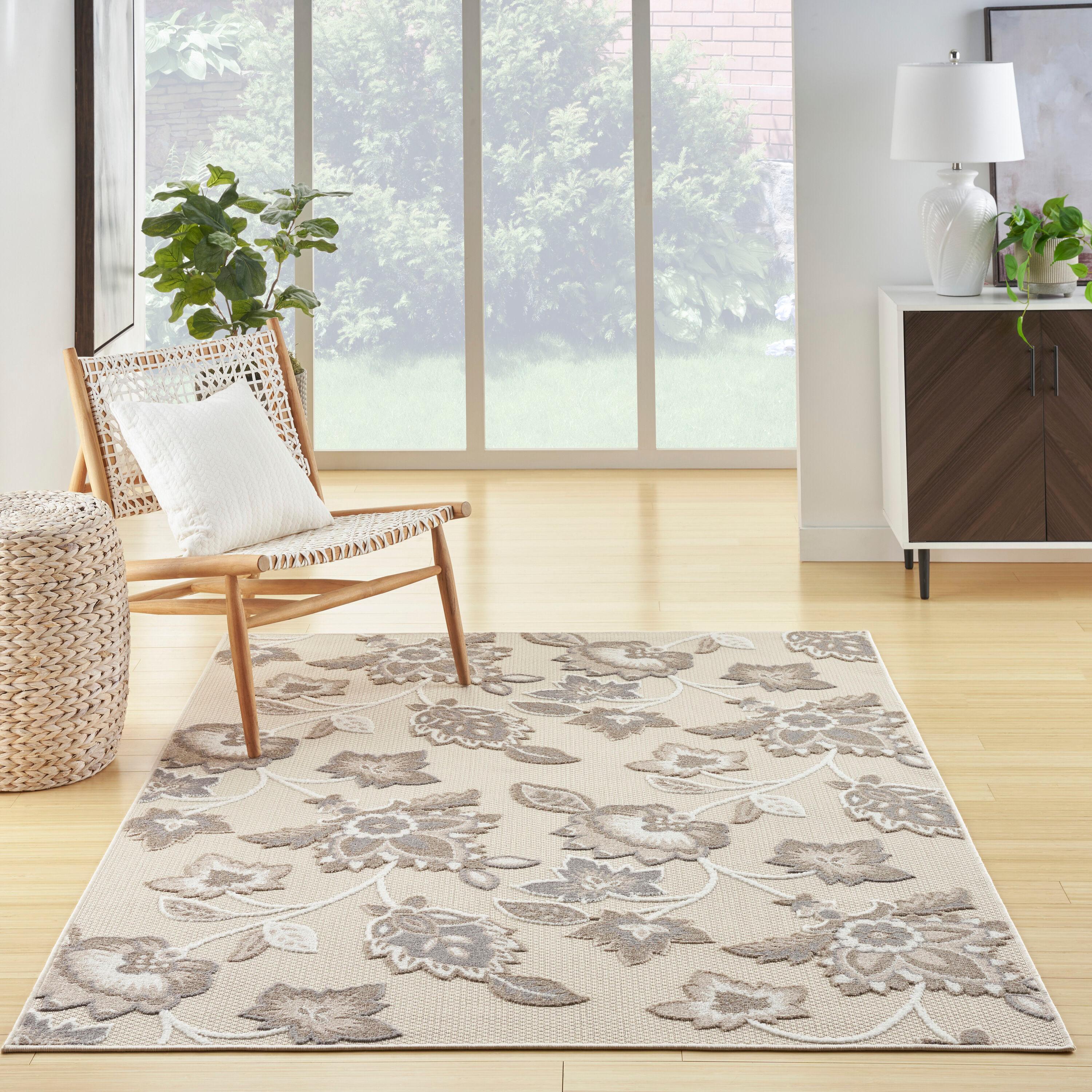 Nourison Aloha Floral Farmhouse Flatweave High-Low Indoor Outdoor Area Rug Beige 7' x 10'