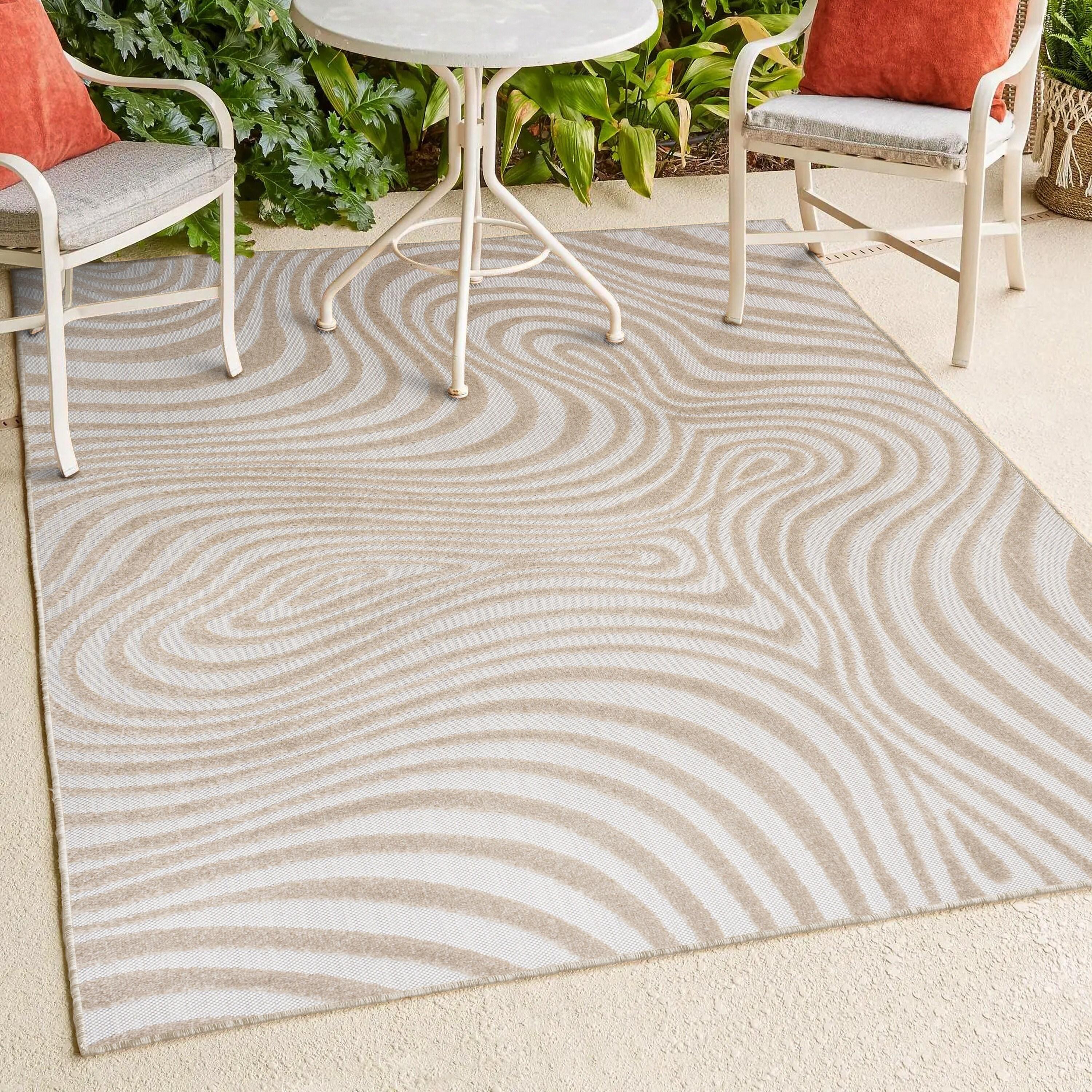 JONATHAN Y Maribo High-Low Abstract Groovy Striped Beige/Cream 3 ft. x 5 ft. Indoor/Outdoor Area Rug