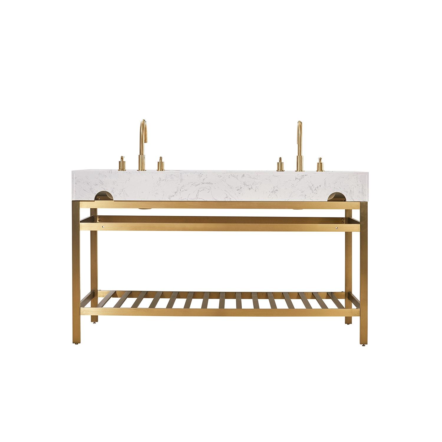 Merano 60" Double Stainless Steel Vanity Console in Brushed Gold with Aosta White Stone Countertop without Mirror