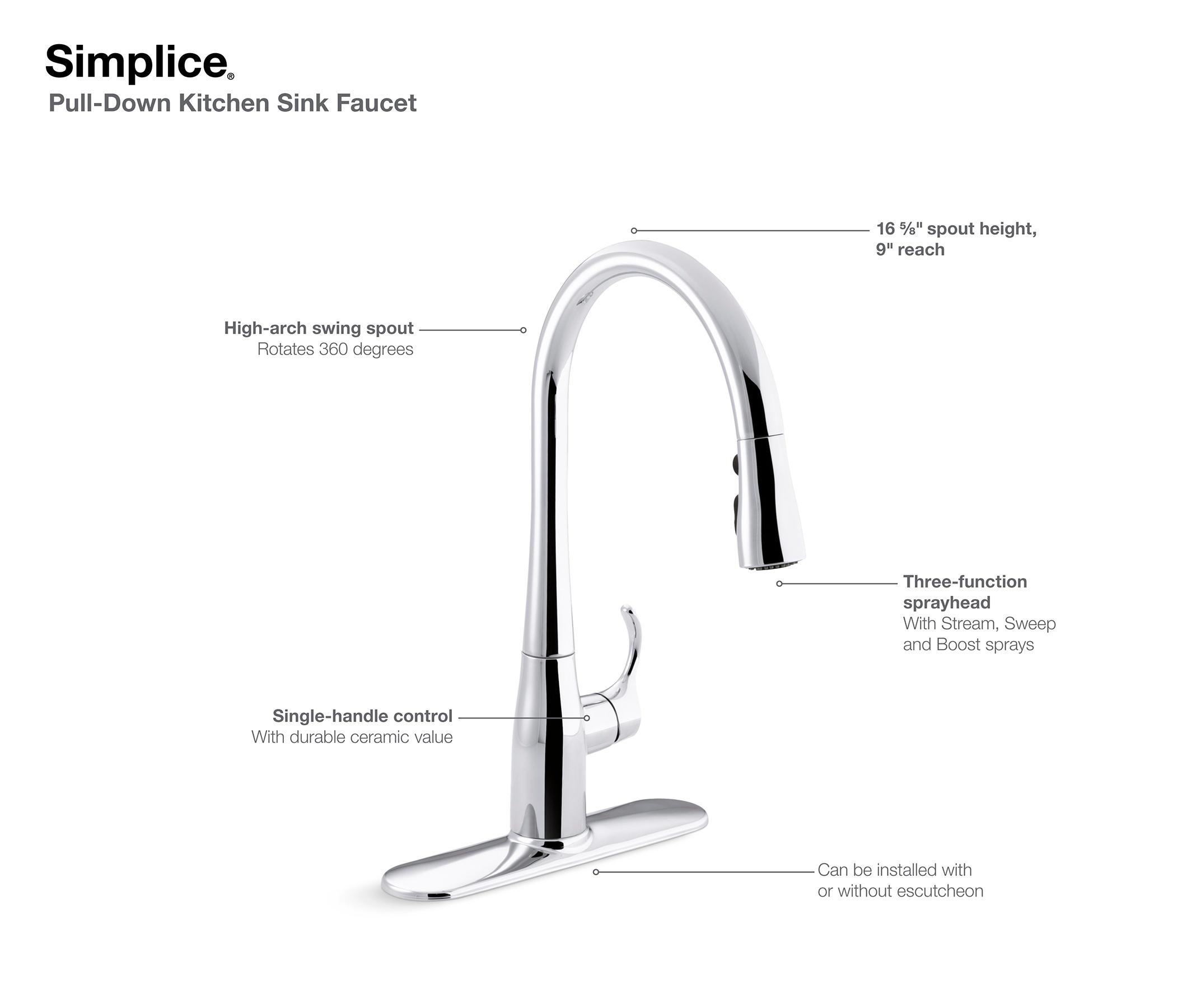 Kohler Simplice Single Handle Pull Down Kitchen Sink Faucet with Three-Function Pull Down Sprayer