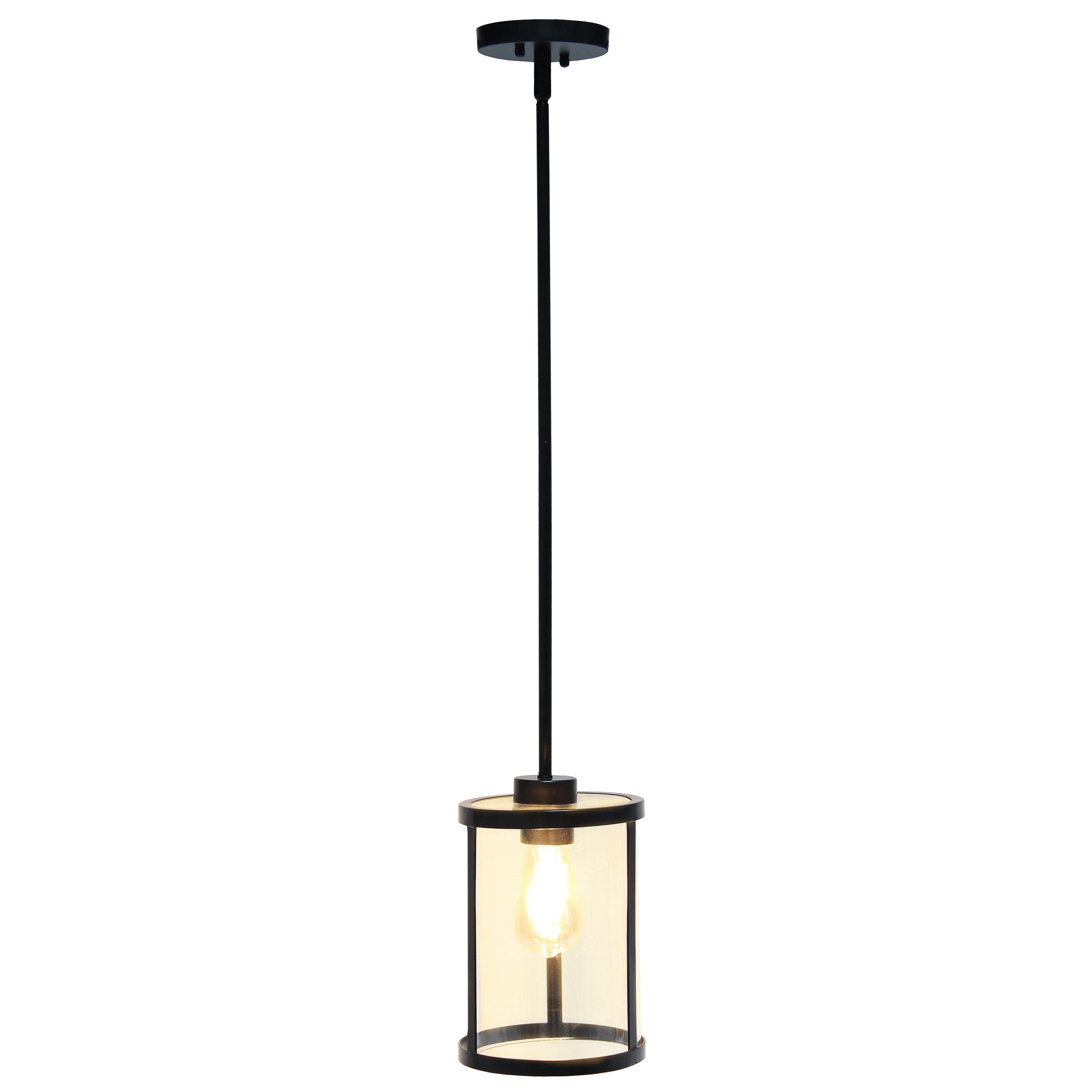 1-Light 9.25" Modern Farmhouse Adjustable Hanging Cylindrical Clear Glass Pendant Fixture with Metal Accent Black - Lalia Home: Industrial Style