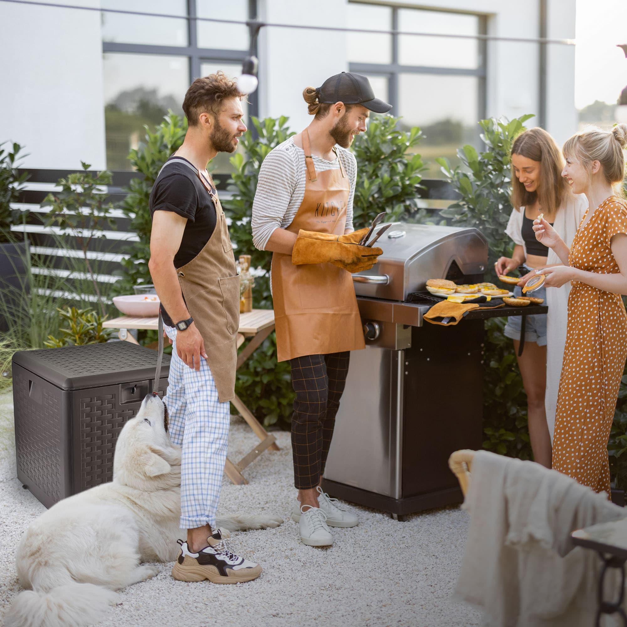 Plastic Development Group 28-Gallon Weather-Resistant Plastic Resin Outdoor Storage Patio Deck Box with Slide and Snap Assembly, Java Brown
