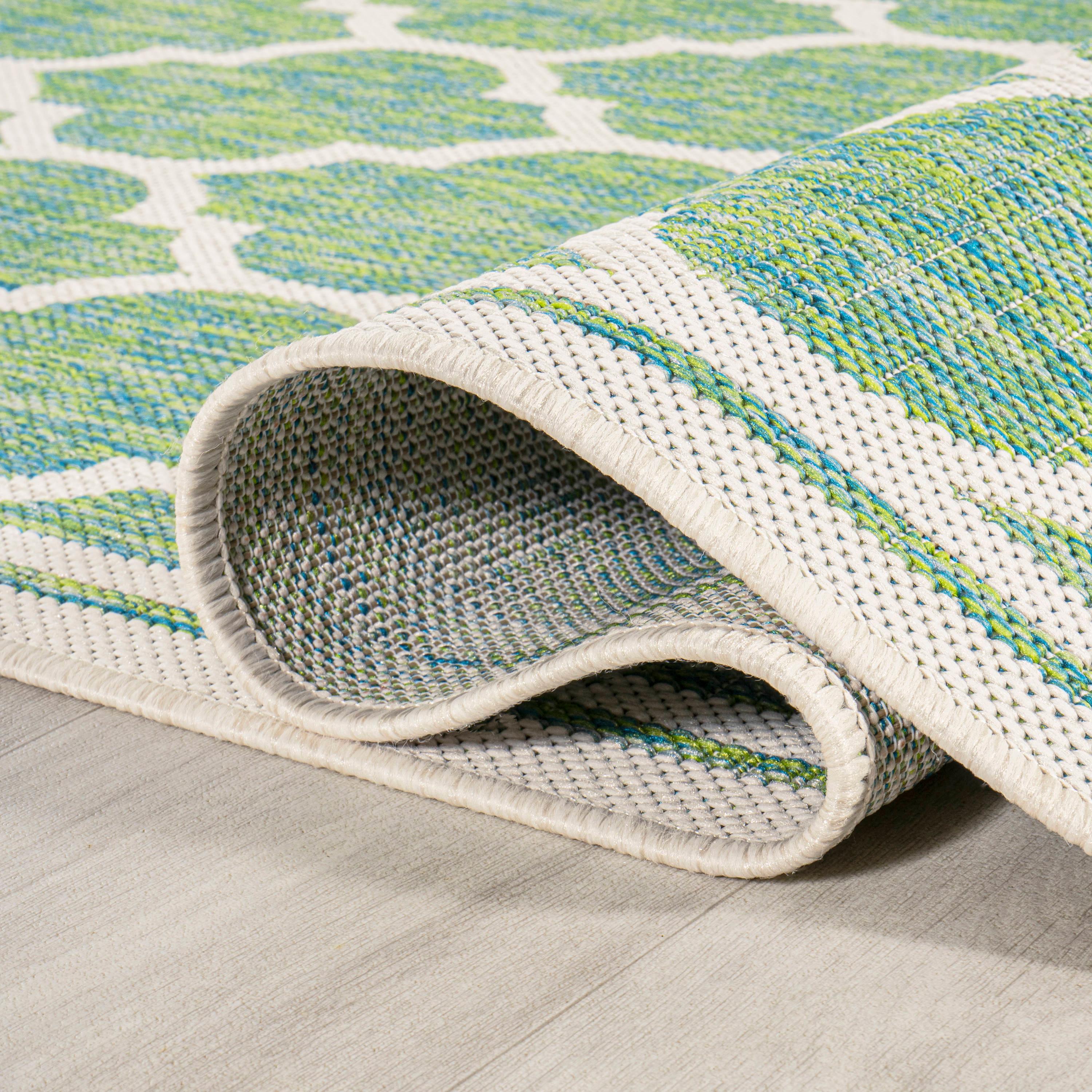 5' x 5' Trebol Moroccan Trellis Textured Weave Indoor/Outdoor Area Rug, Cream/Green - JONATHAN Y