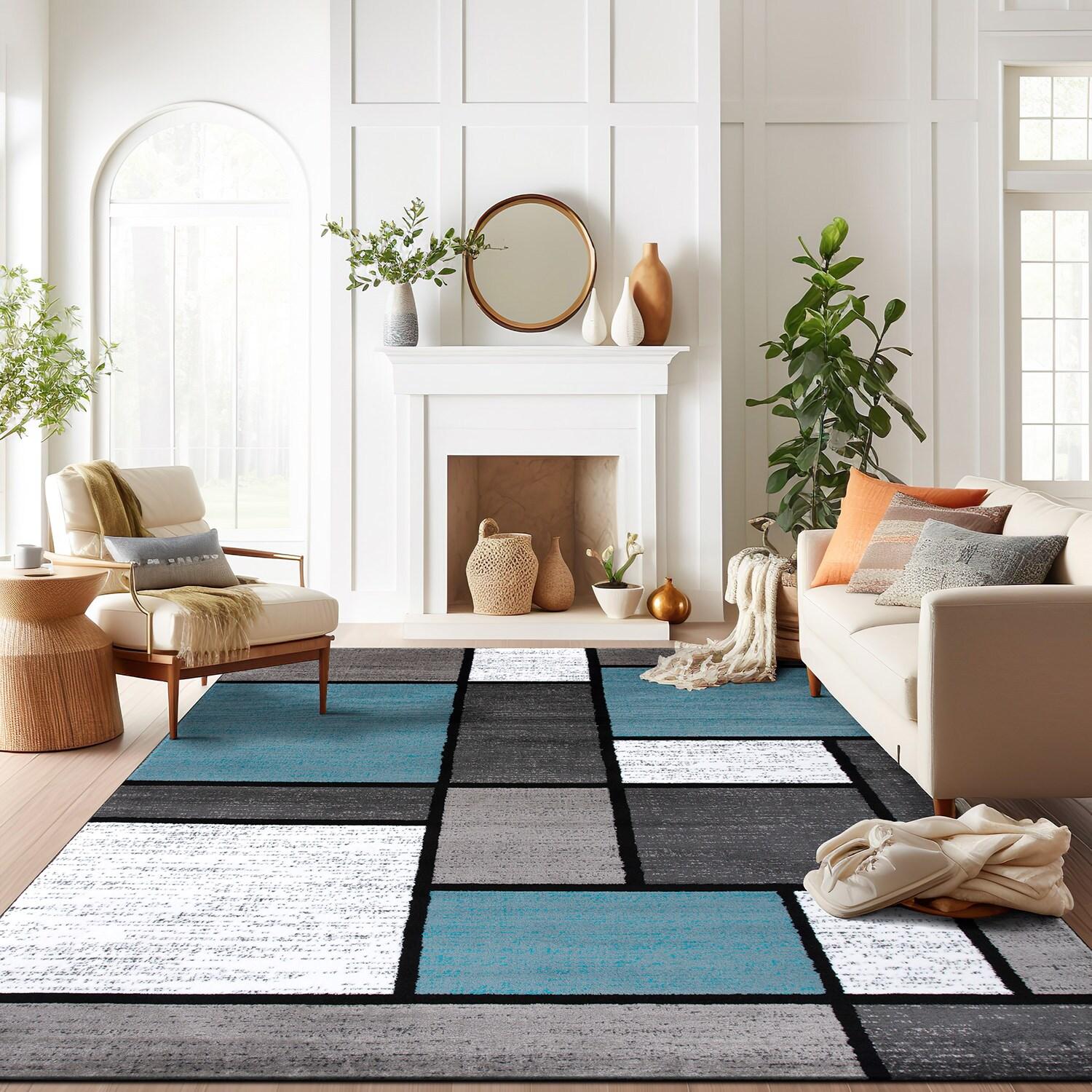 Rugshop Contemporary Modern Boxes for Home Office,Living Room,Bedroom,Kitchen Non Shedding Area Rug 9' X 12' Blue/Gray