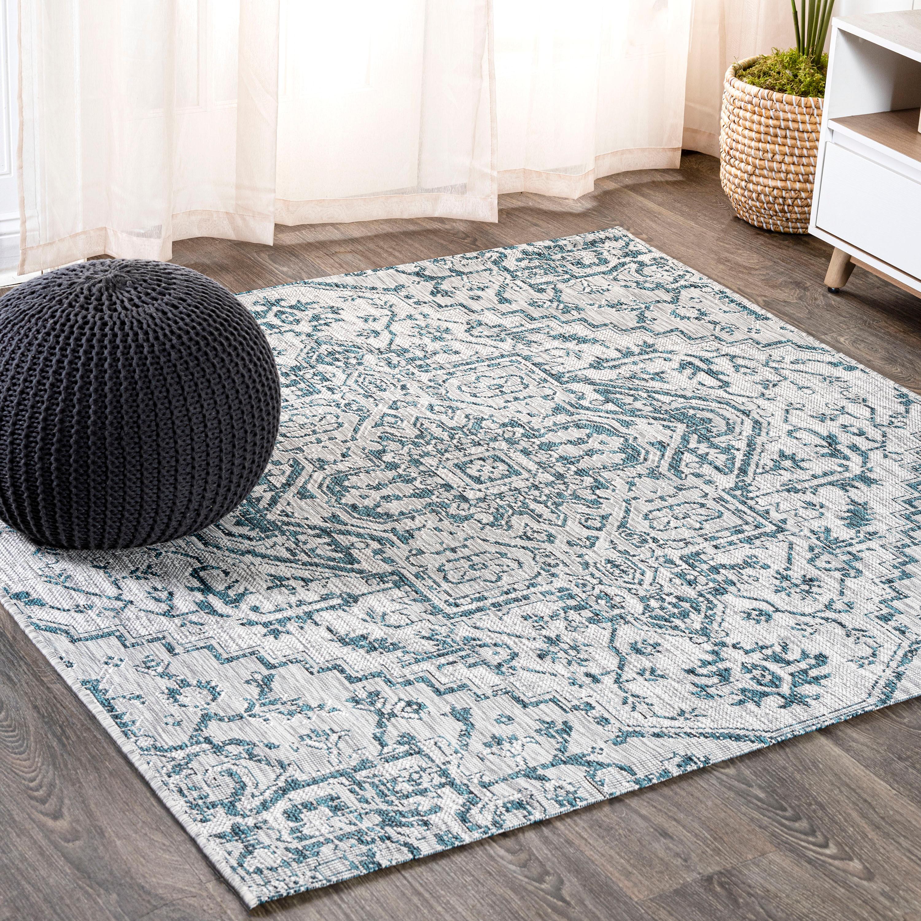 5' Square Estrella Bohemian Medallion Textured Weave Indoor/Outdoor Area Rug, Teal/Gray - JONATHAN Y