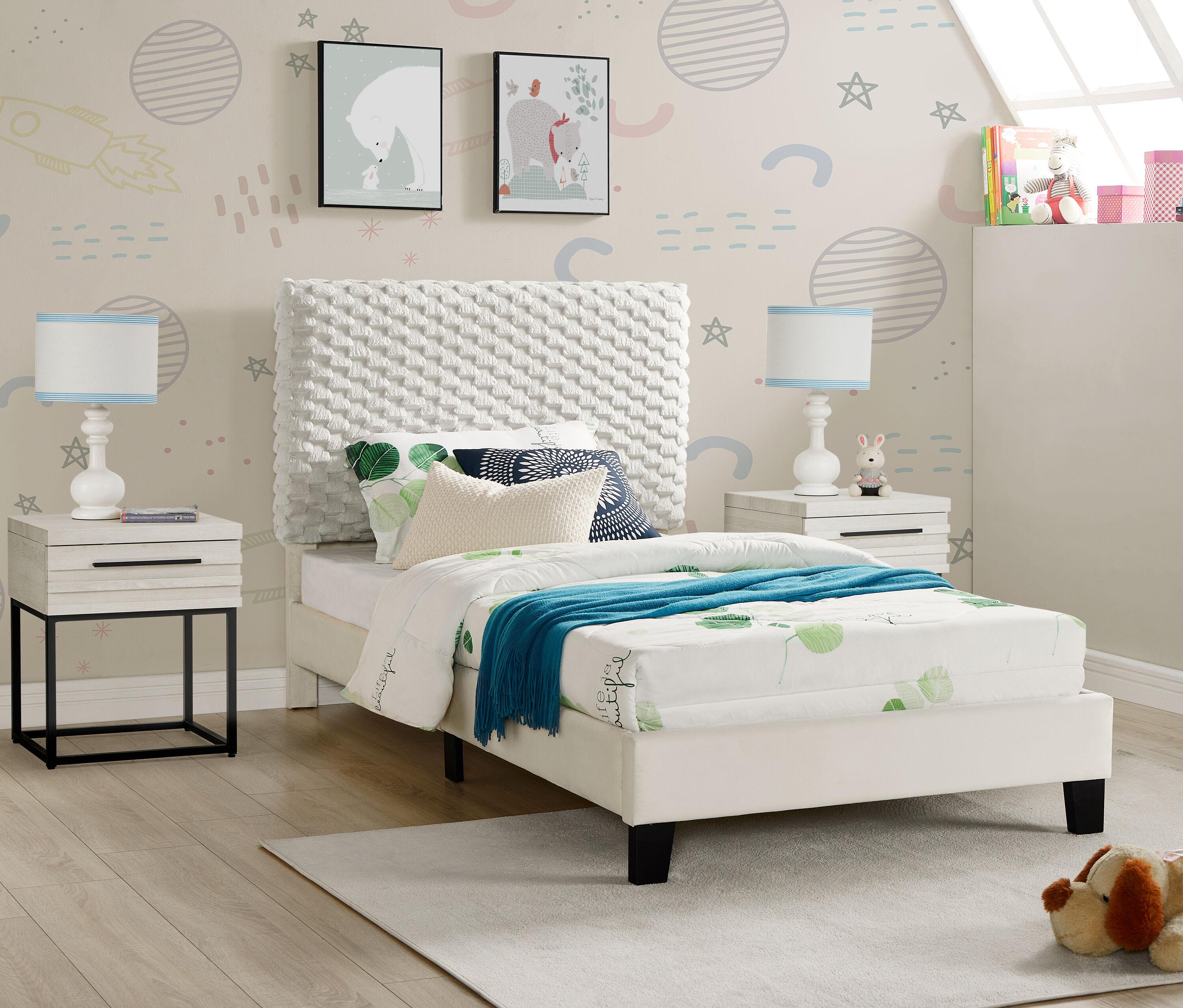 Roundhill Furniture Findlay 3-Piece Bedroom Set, Plush 3D Upholstered Bed with Two Nightstands  Twin