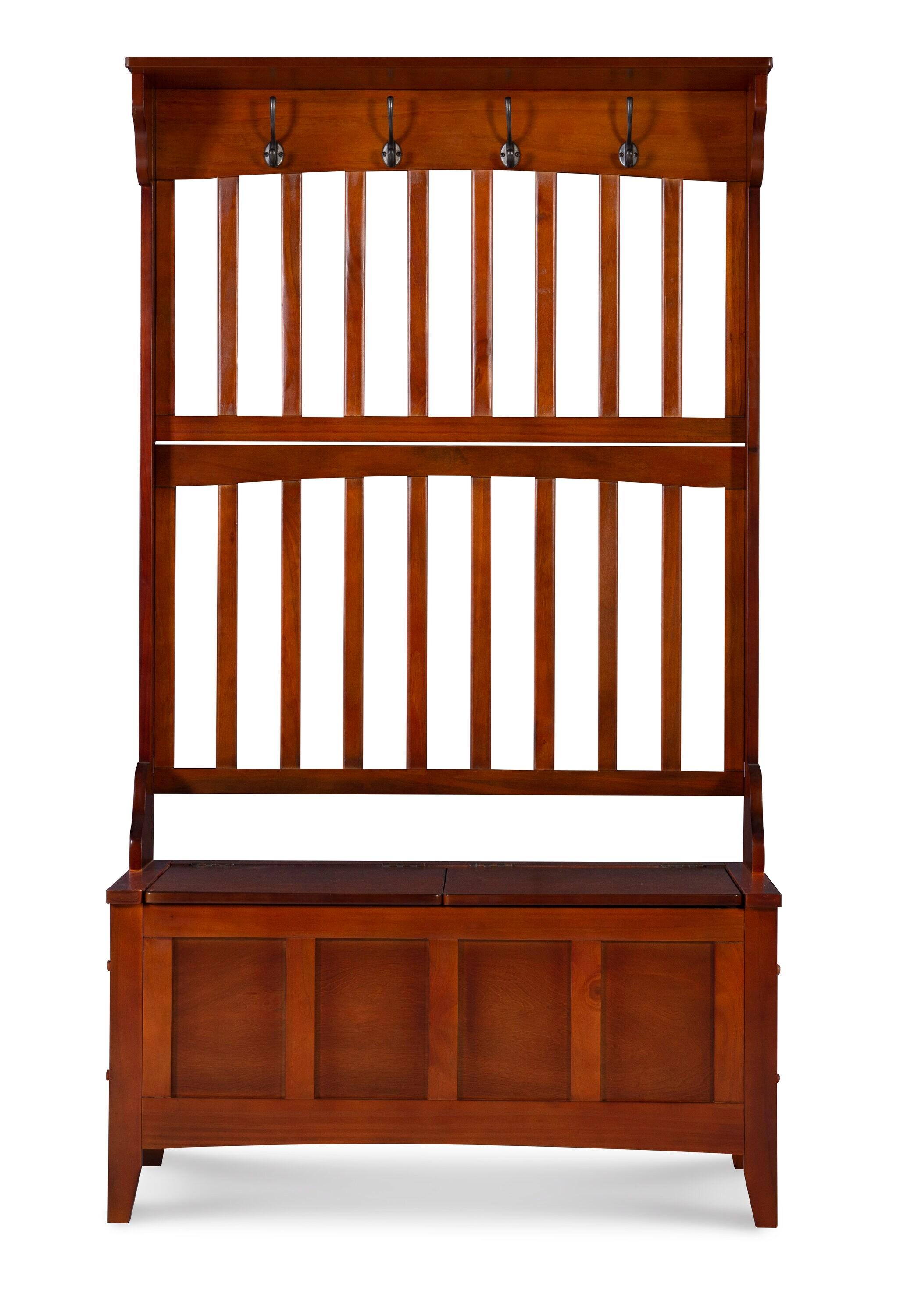Misson Traditional 4 Double Hooks Storage Bench Top Shelf Hall Tree Walnut Finish - Linon: Entryway Organizer, Flip-up Seat