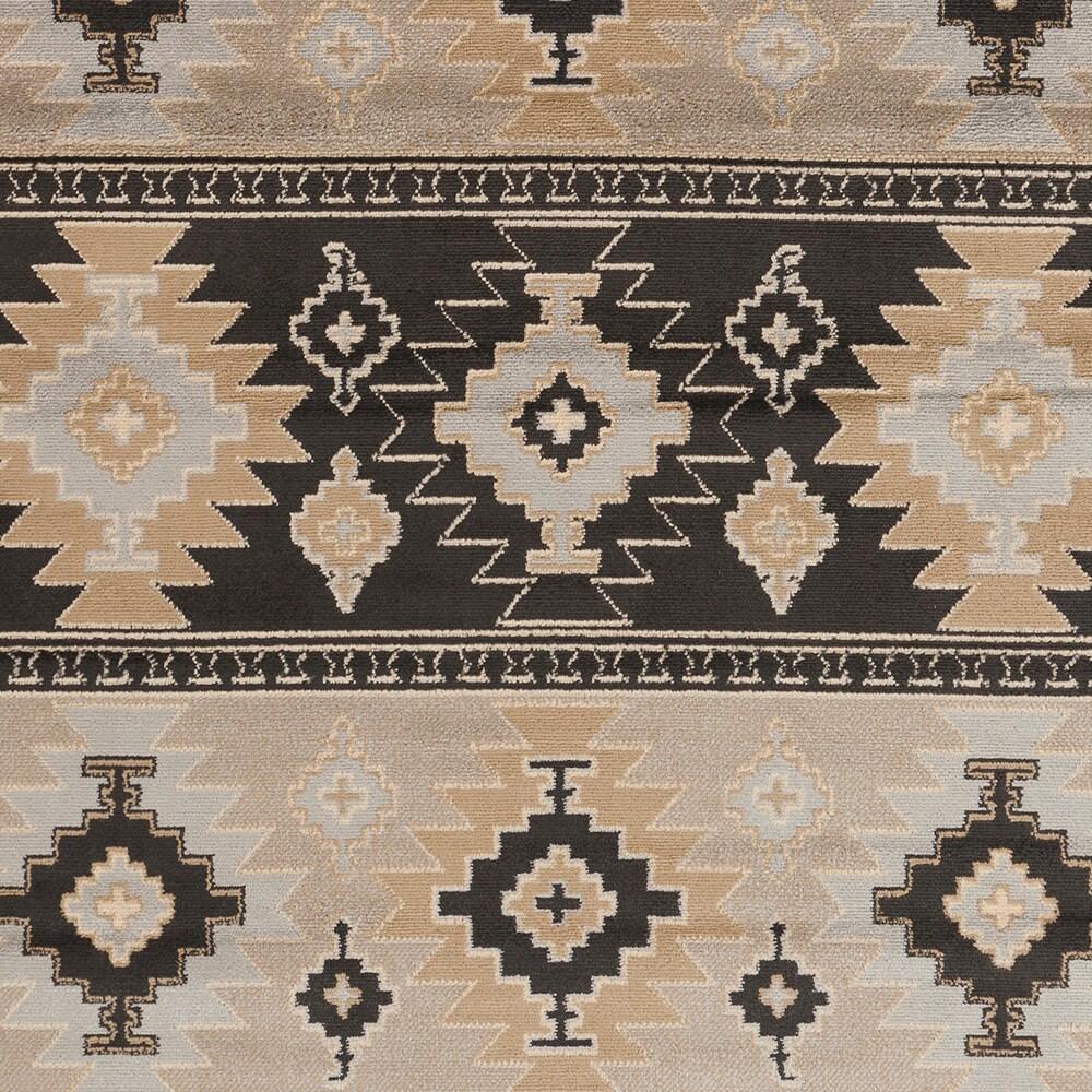 Greige and Black Synthetic Southwest Print Rectangular Area Rug