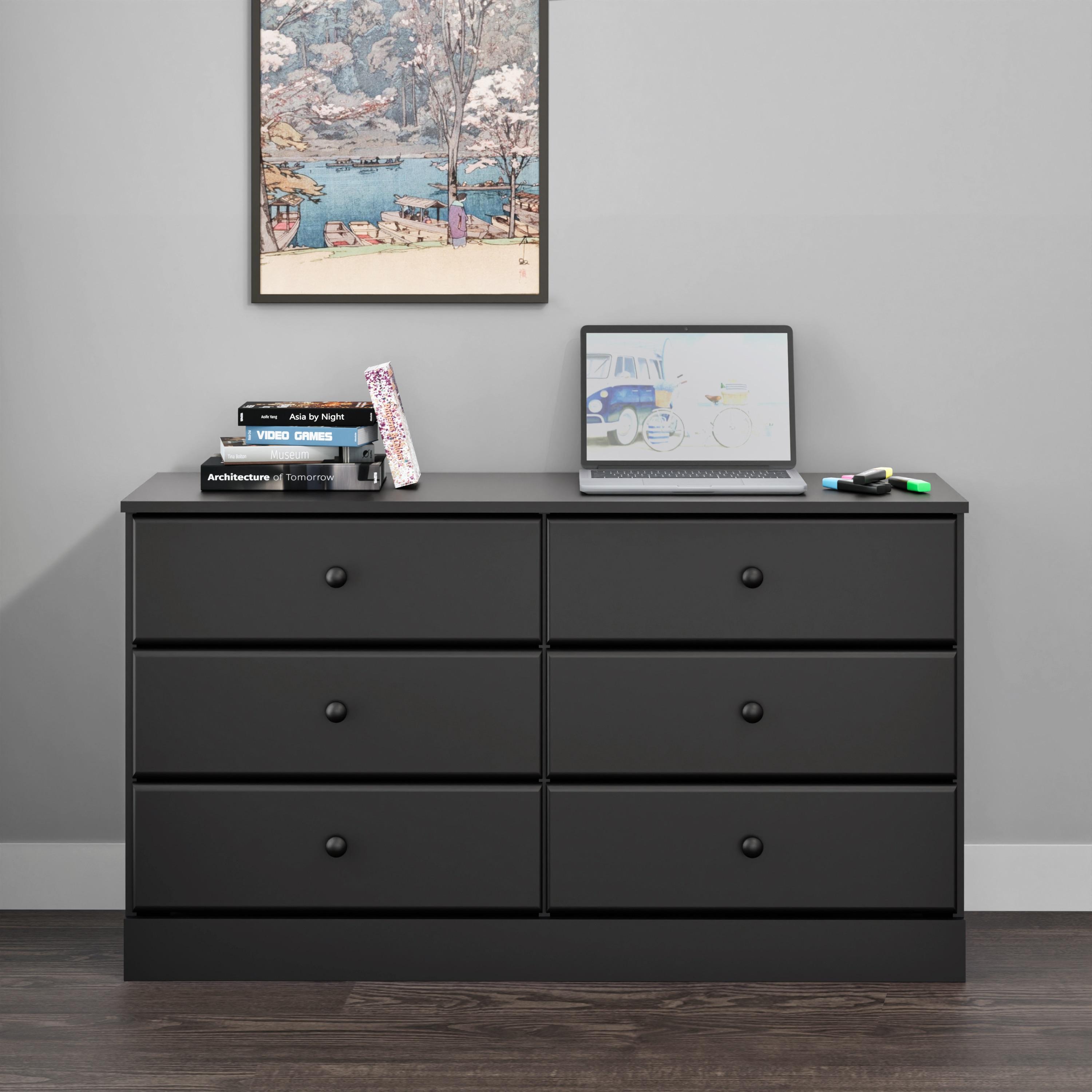 Prepac Astrid 6 Drawer Dresser Black: Laminated Wood Composite, Metal Hardware, Safety Stops