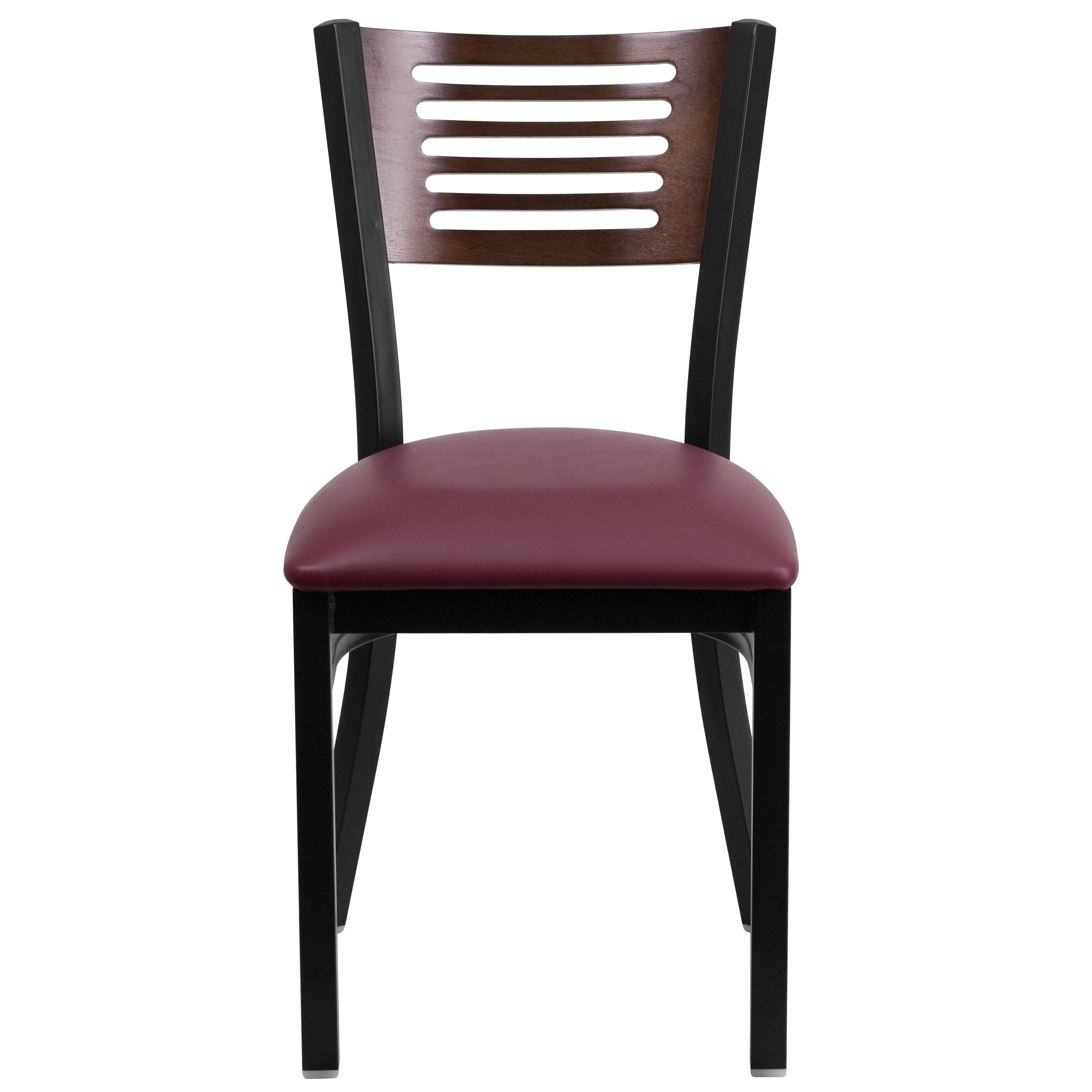 Walnut Wood Back Burgundy Vinyl Seat Black Metal Frame Side Chair