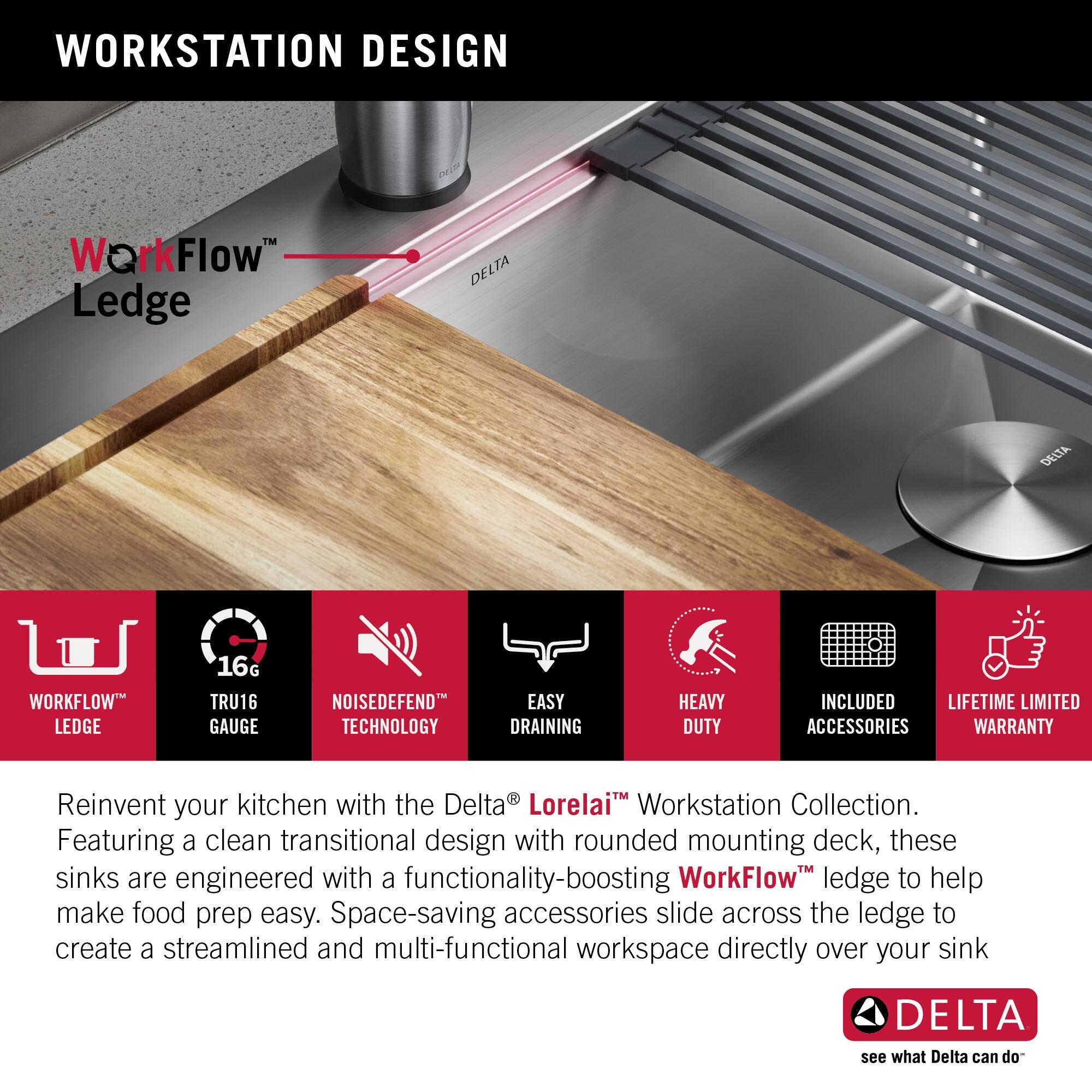 Delta Lorelai™ 33" L Workstation Kitchen Sink Drop-In Top Mount 16 Gauge Stainless Steel Single Bowl