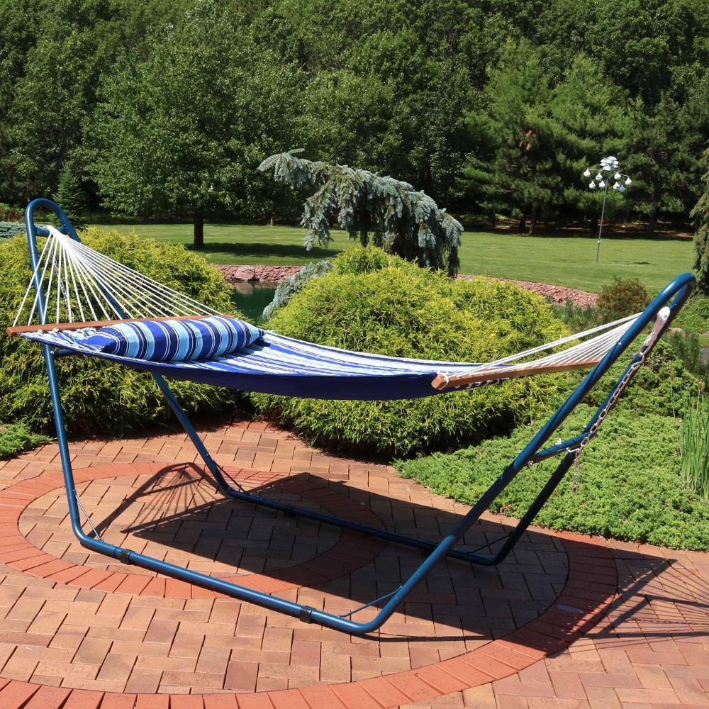 Sunnydaze Outdoor 2-Person Double Polyester Quilted Hammock with Wood Spreader Bar and Matte Blue Steel Multi-Use Stand - Catalina Beach