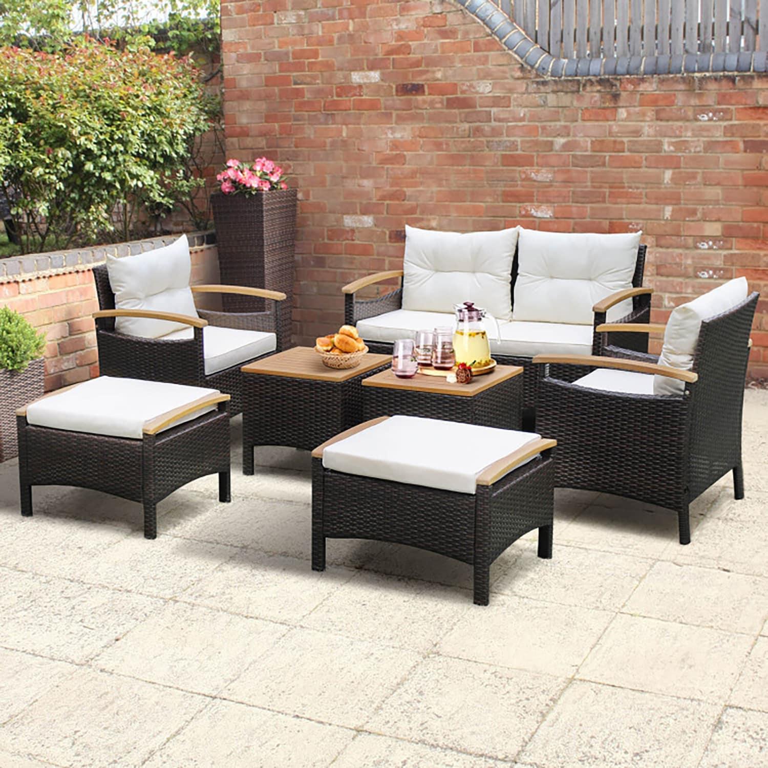 7-Piece Mix Brown Rattan Patio Sofa Set with Off-White Cushions and Acacia Wood