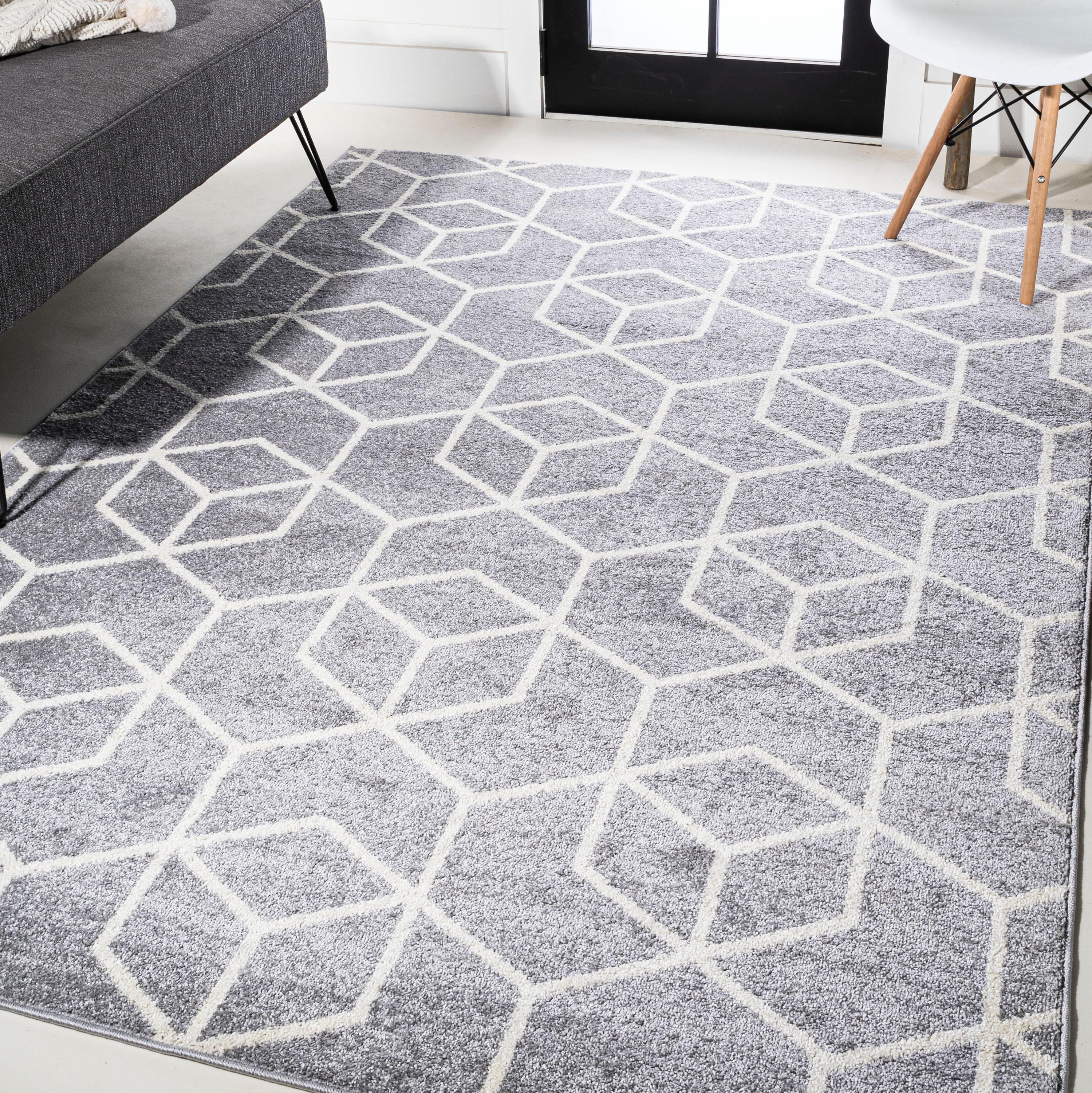 4'x6' Tumbling Blocks Modern Geometric Area Rug, Light Gray/White - JONATHAN Y