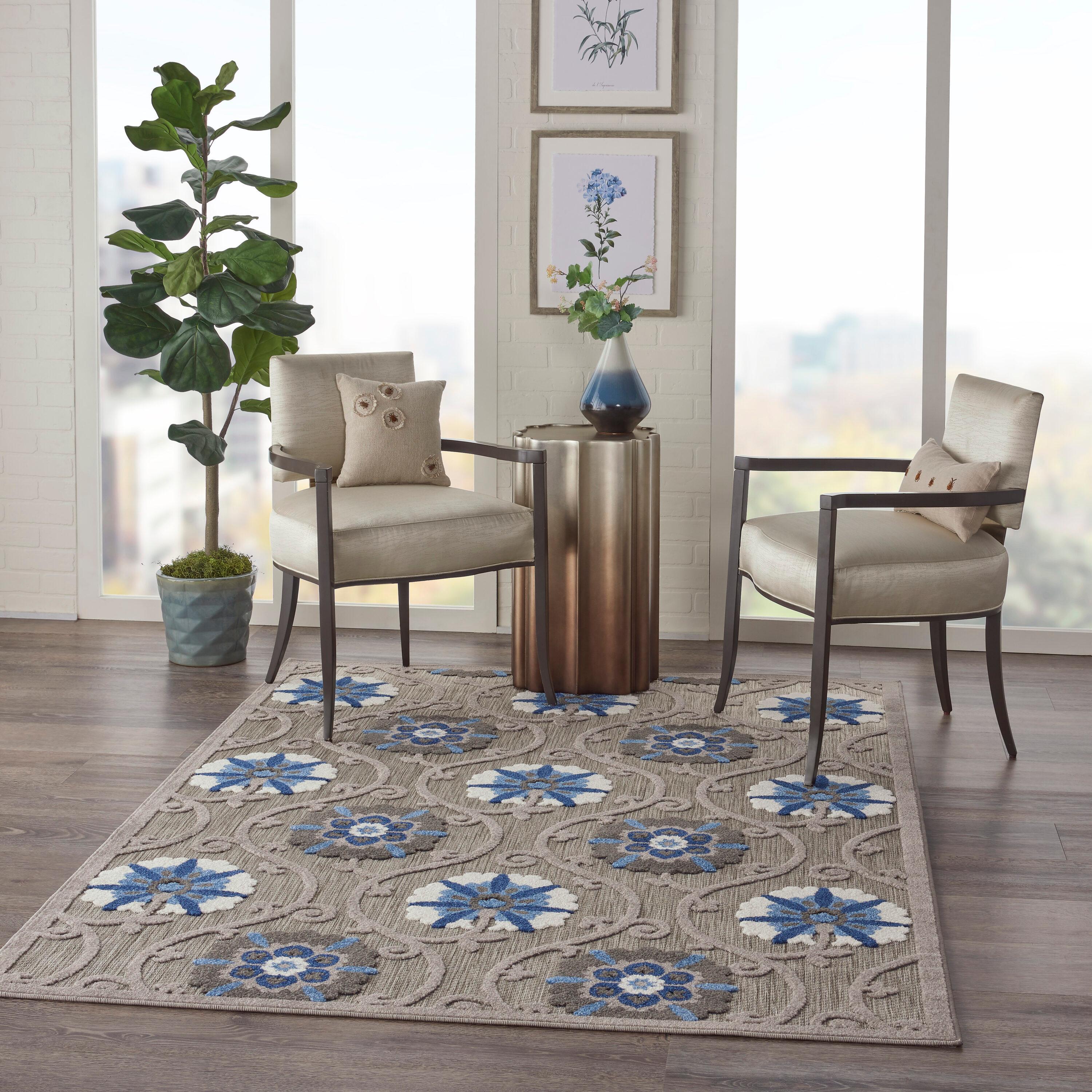 Nourison Aloha Contemporary Floral Flatweave High-Low Indoor Outdoor Area Rug Grey/Blue 3'6" x 5'6"