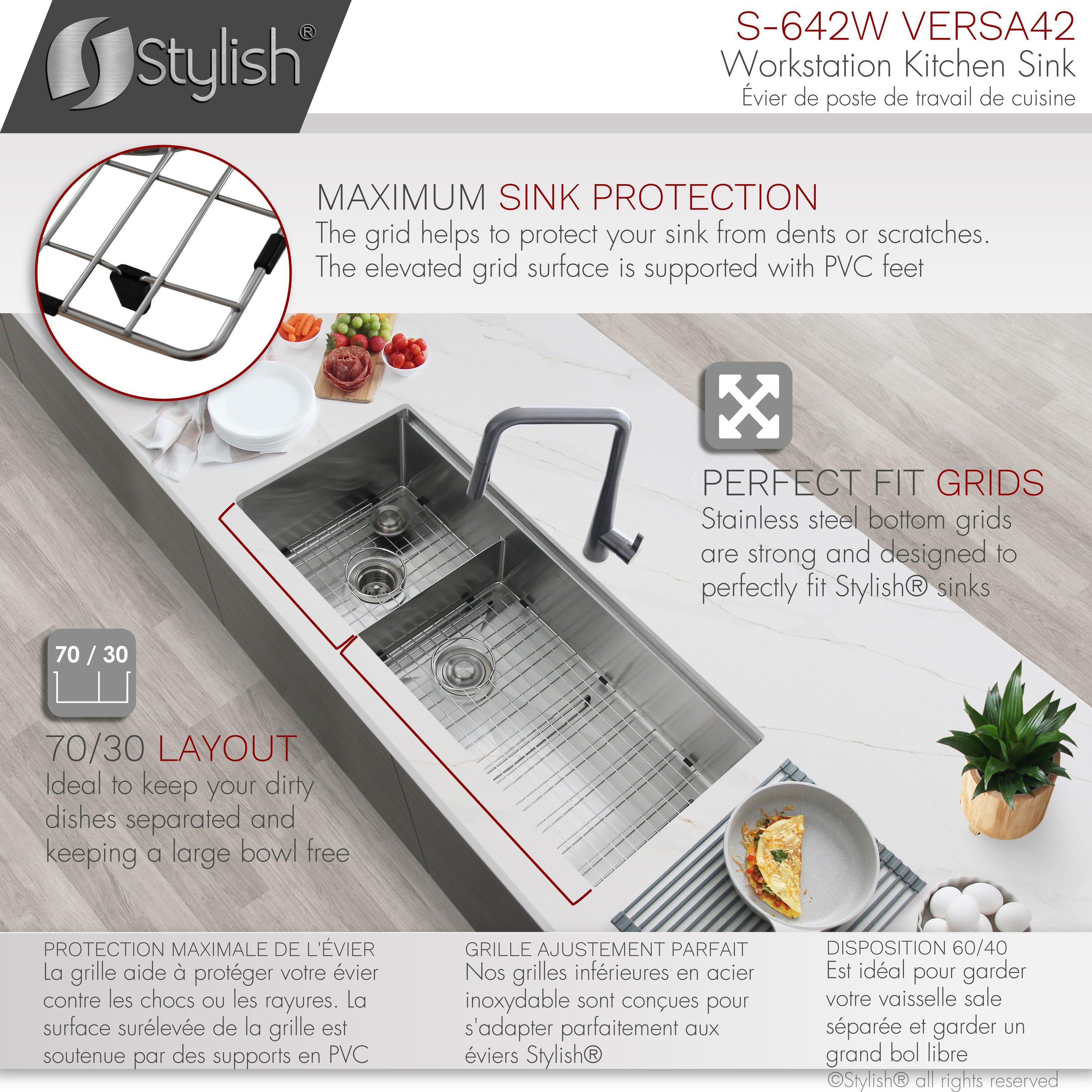 Versa STYLISH 42 inch Stainless Steel Workstation 70/30 Double Bowl Undermount Kitchen Sink with Accessories included