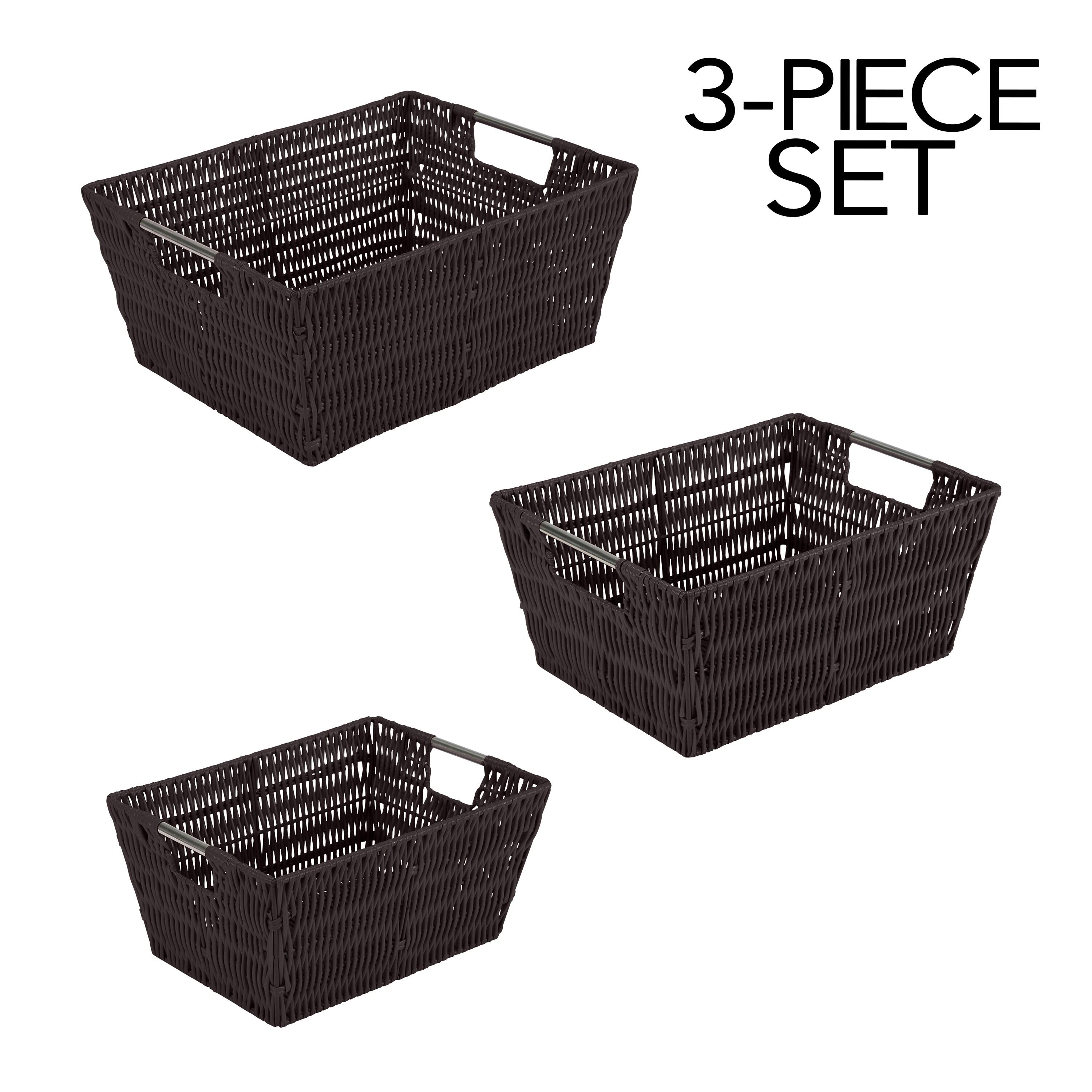 Simplify 3pc Rattan Tote Set with Sterling Silver Handles Chocolate: Decorative Storage Bins, 1456 Volume, No Assembly