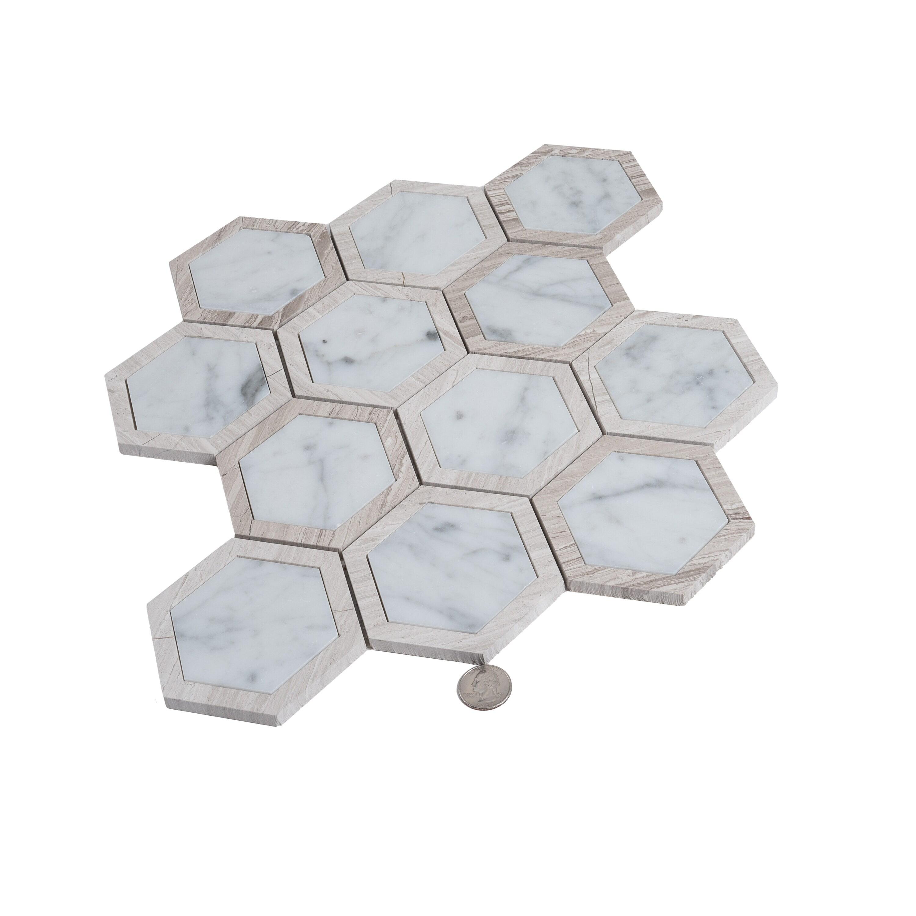 Apollo Tile 12 x 13.5 Bianco Carrara, Wooden Grey Marble Random Mosaic Tile