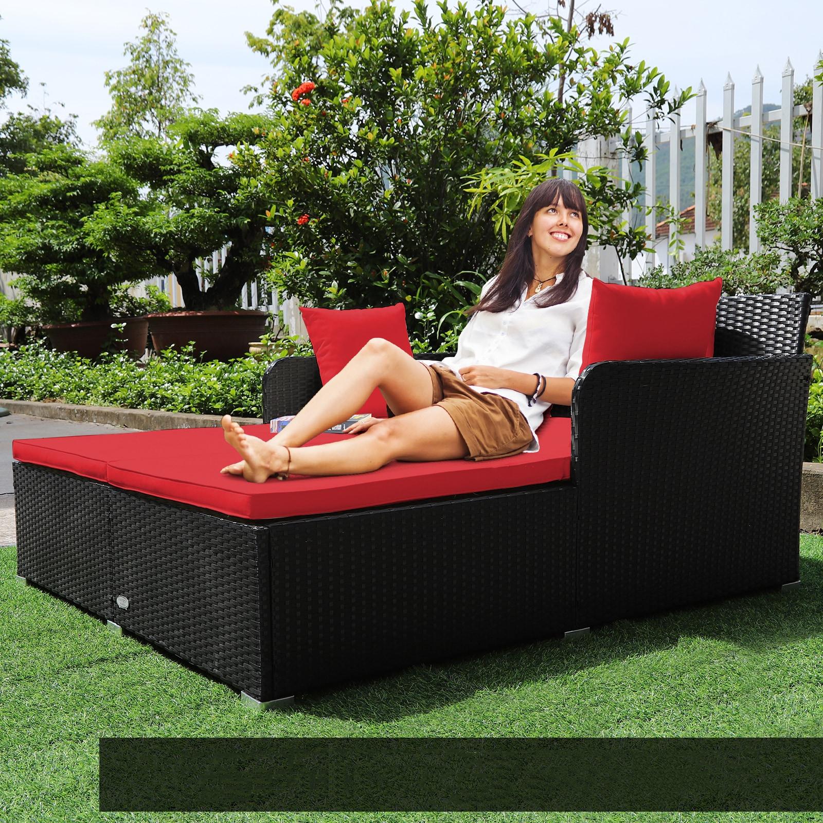 Costway Outdoor Patio Rattan Daybed Thick Pillows Cushioned Sofa Furniture Red