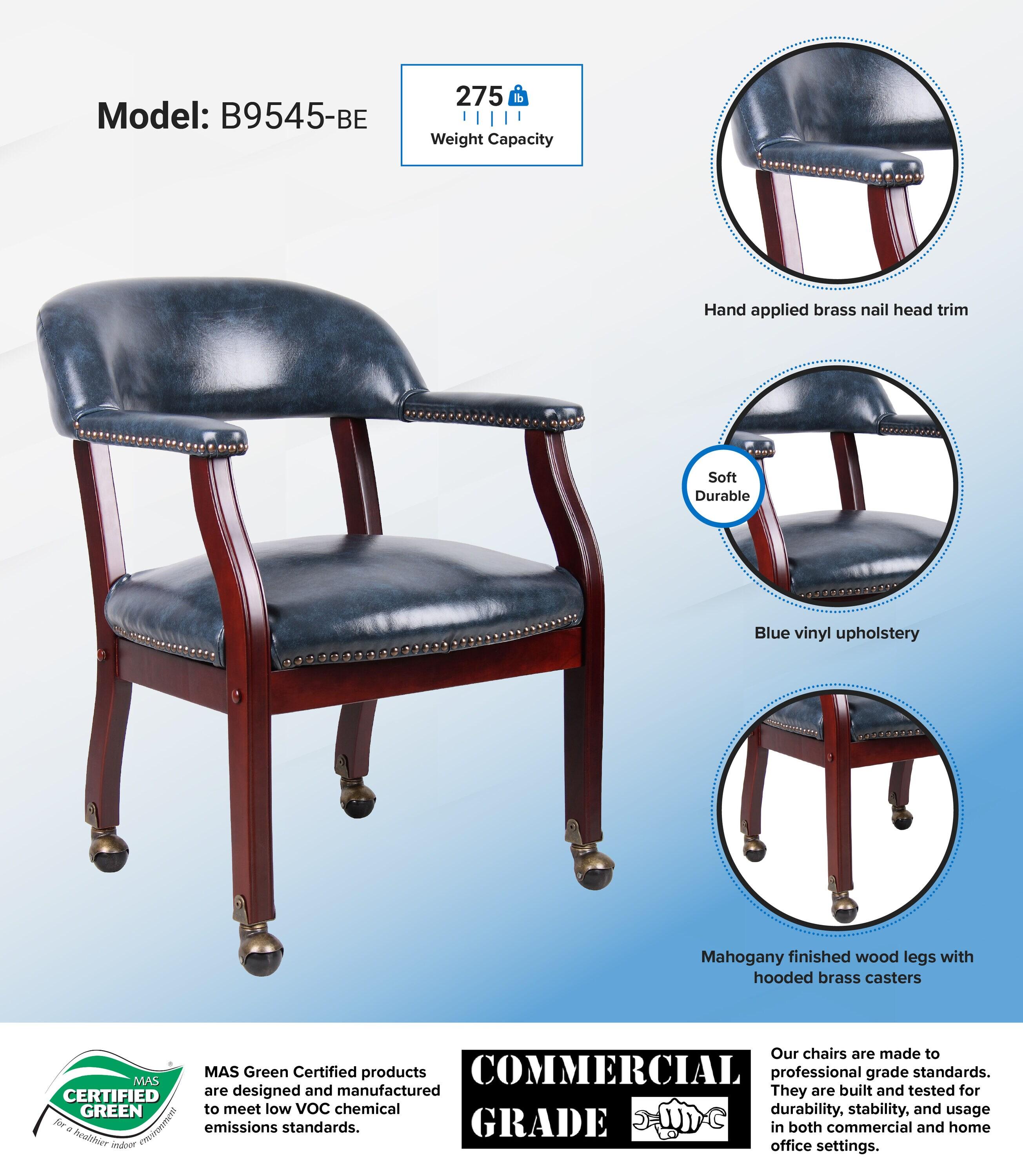 Captain's Chair with Casters Blue - Boss Office Products: Vinyl Upholstery, Fixed Height, Nailhead Trim