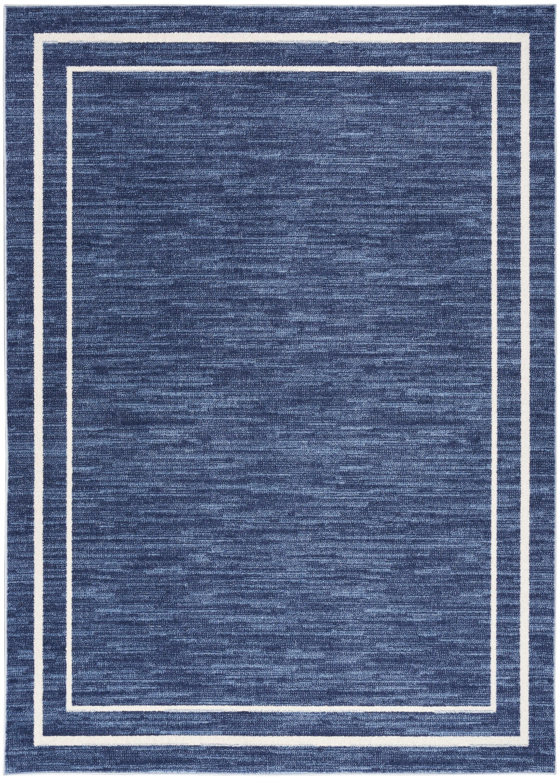 Nourison Essentials Solid Bordered Low Pile Indoor Outdoor Area Rug 6' x 9' Navy/Ivory