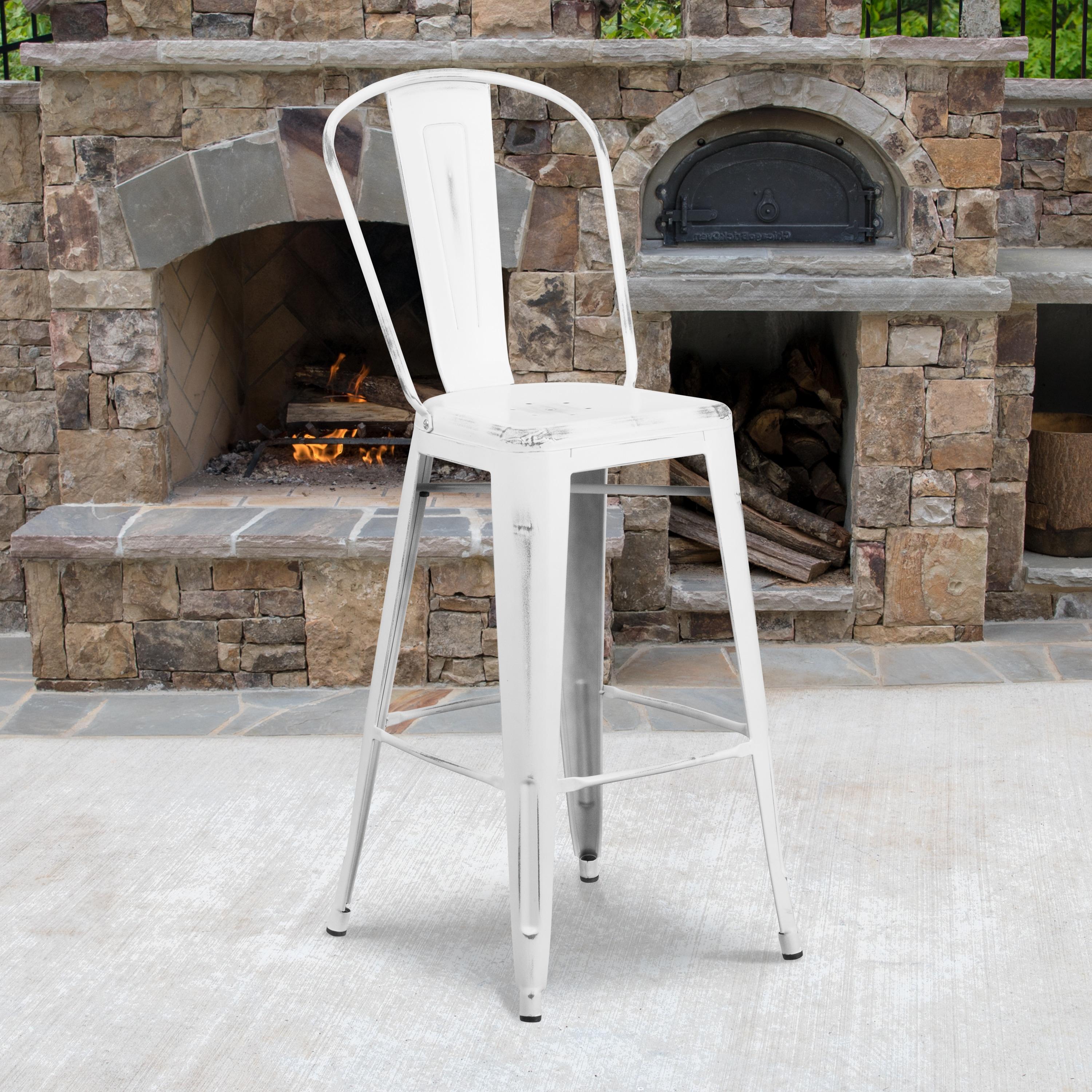 Flash Furniture Commercial Grade 30" High Distressed White Metal Indoor-Outdoor Barstool with Back