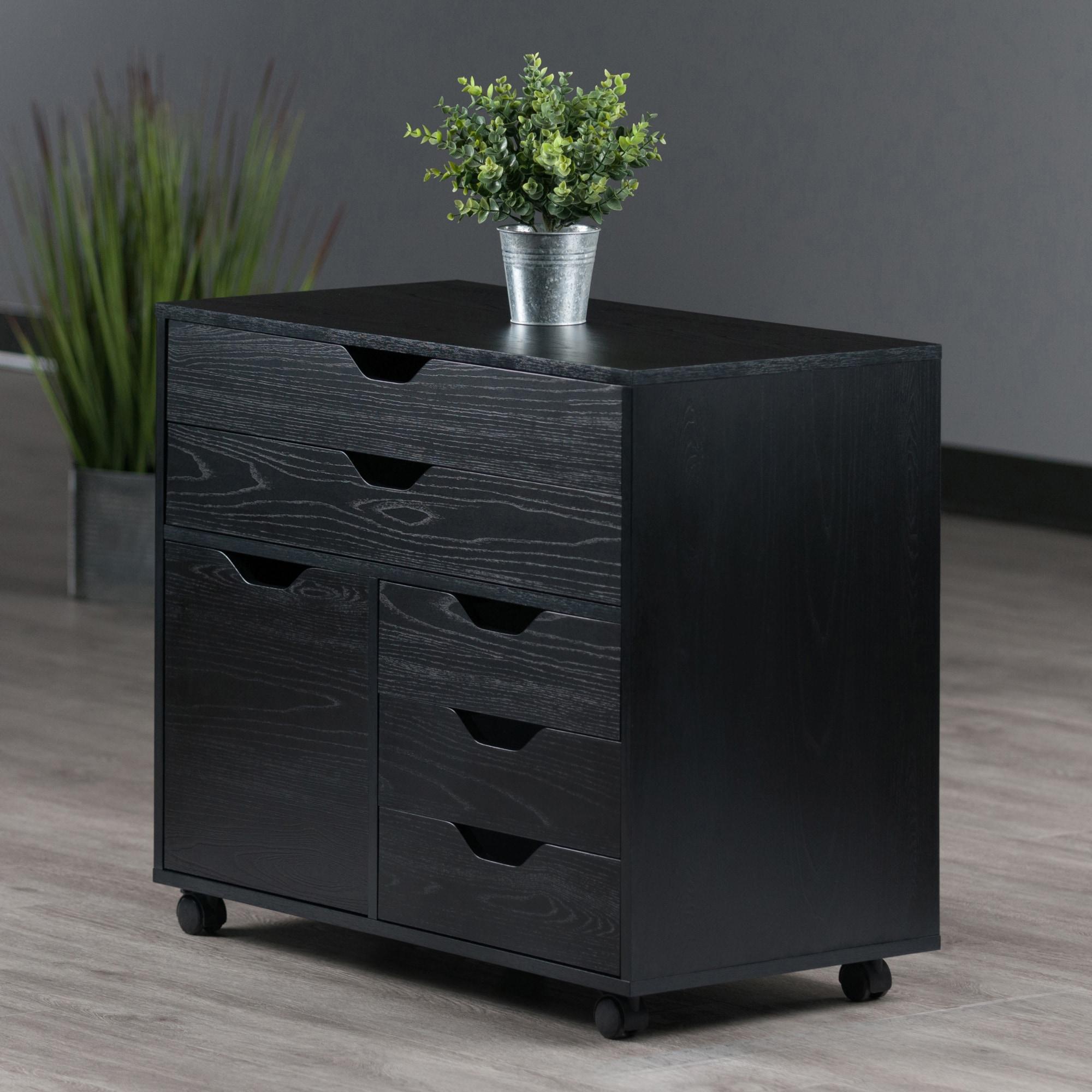 Halifax 3 Section Mobile Storage Cabinet Black - Winsome: MDF Wood Composite, 5 Drawers, 1 Door